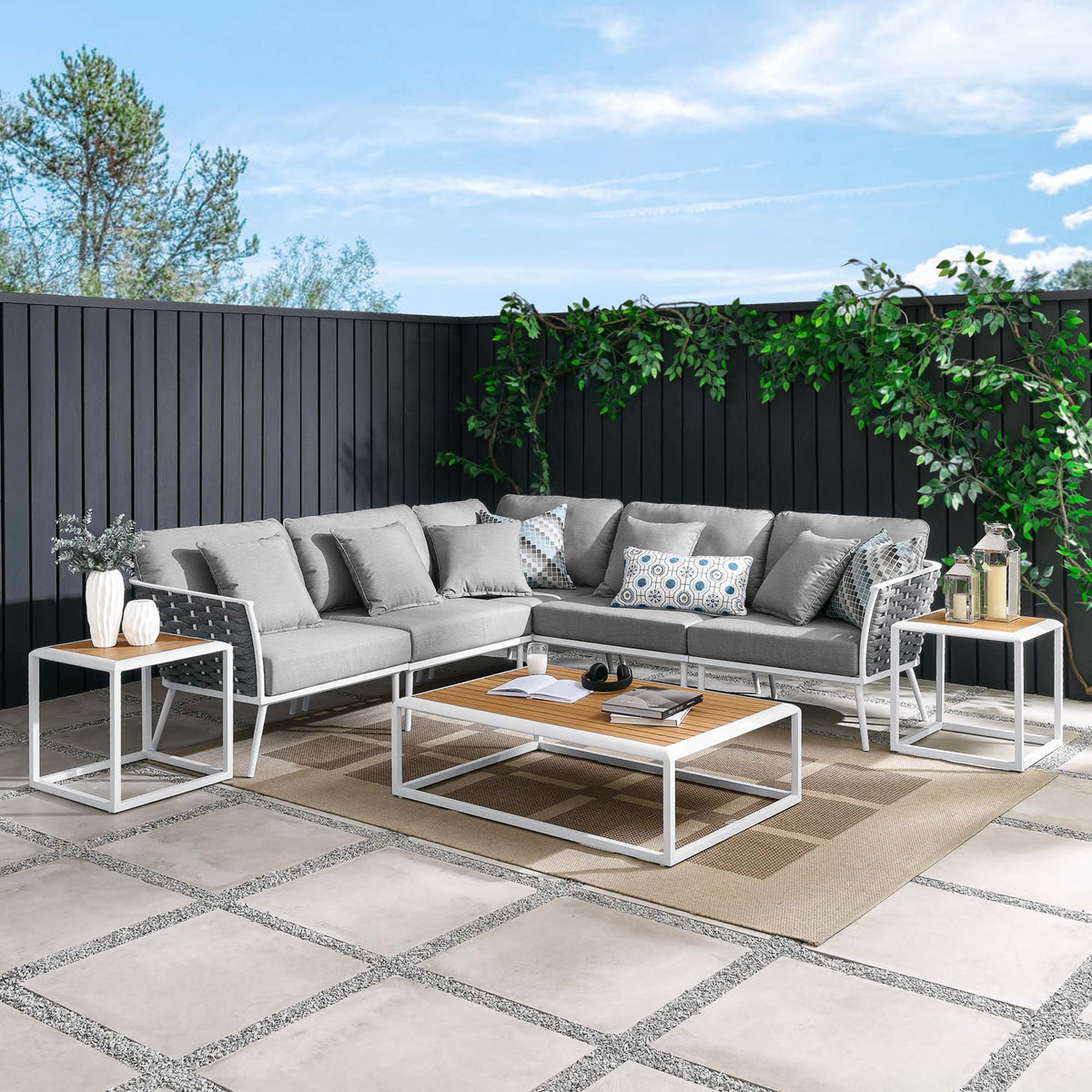 Stance White/Gray 8 Piece Outdoor Patio Aluminum Sectional Sofa Set - Ornate Home