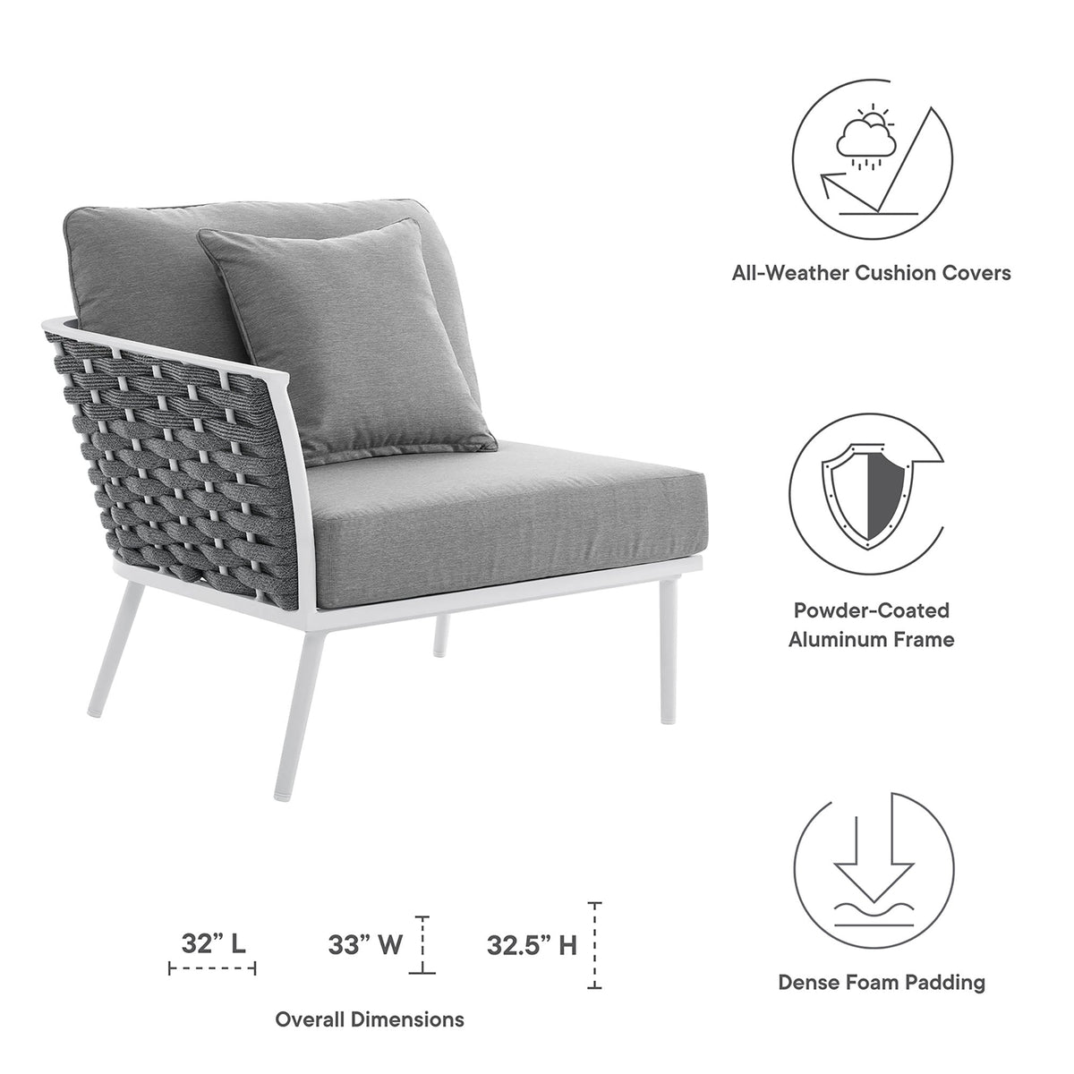 Stance White/Gray Outdoor Patio Aluminum Left-Facing Armchair - Ornate Home