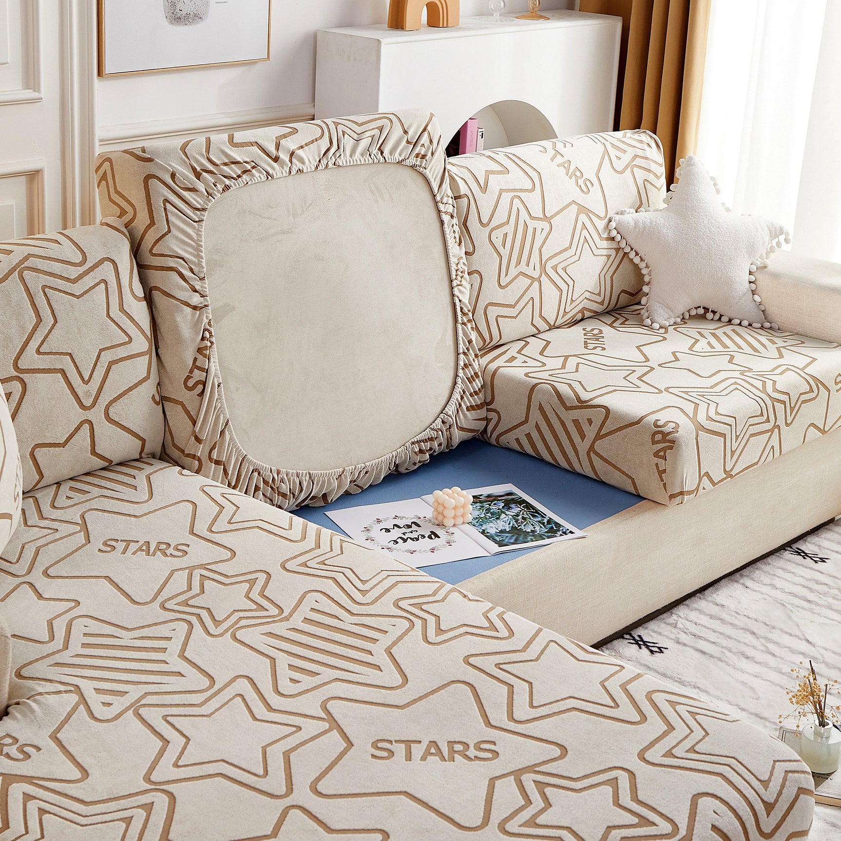 Starry Sky Jacquard Fleece Stretchable Non-Slip Cushion Covers Furniture Covers for L-Shaped Couch - Ornate Home