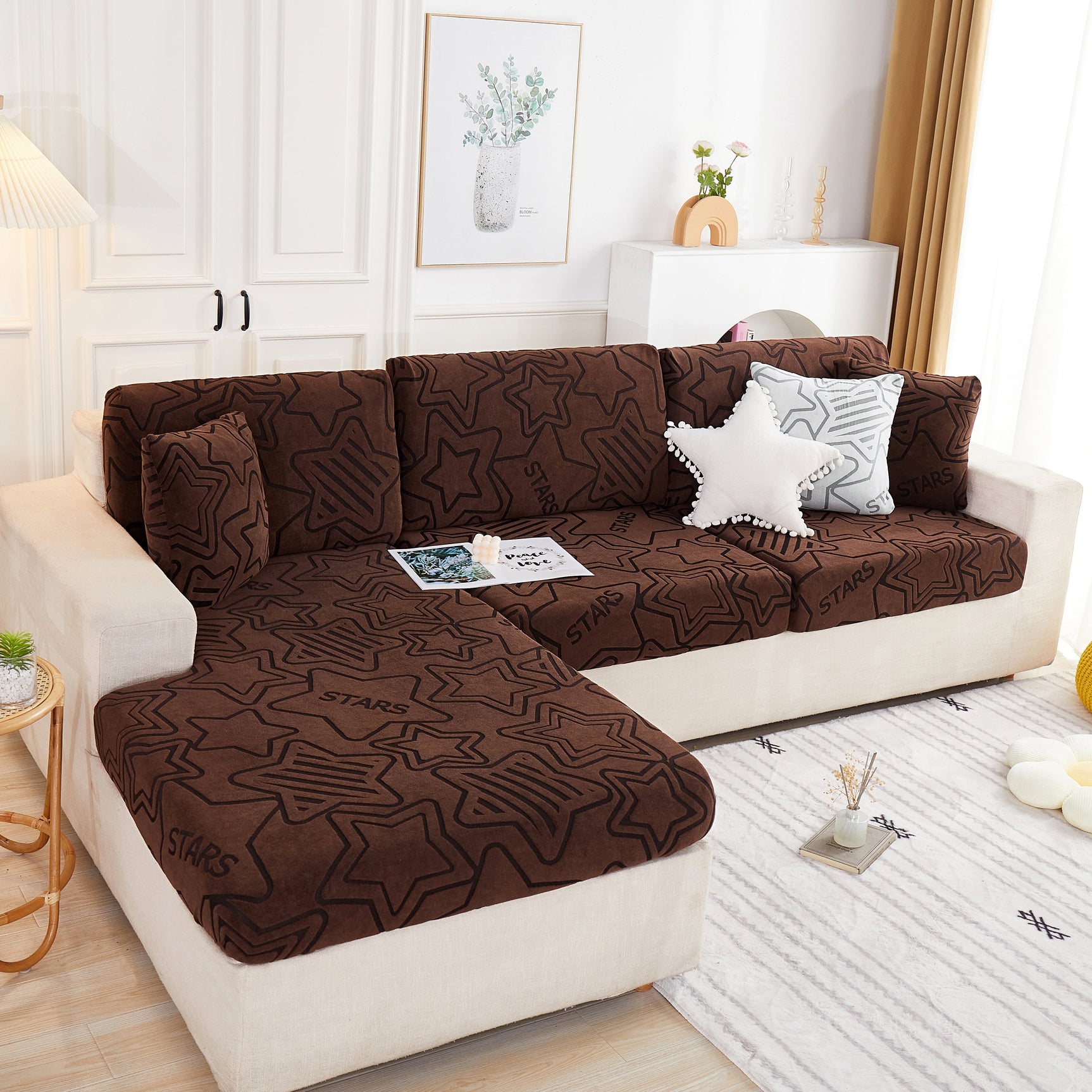 Starry Sky Jacquard Fleece Stretchable Non-Slip Cushion Covers Furniture Covers for L-Shaped Couch - Ornate Home