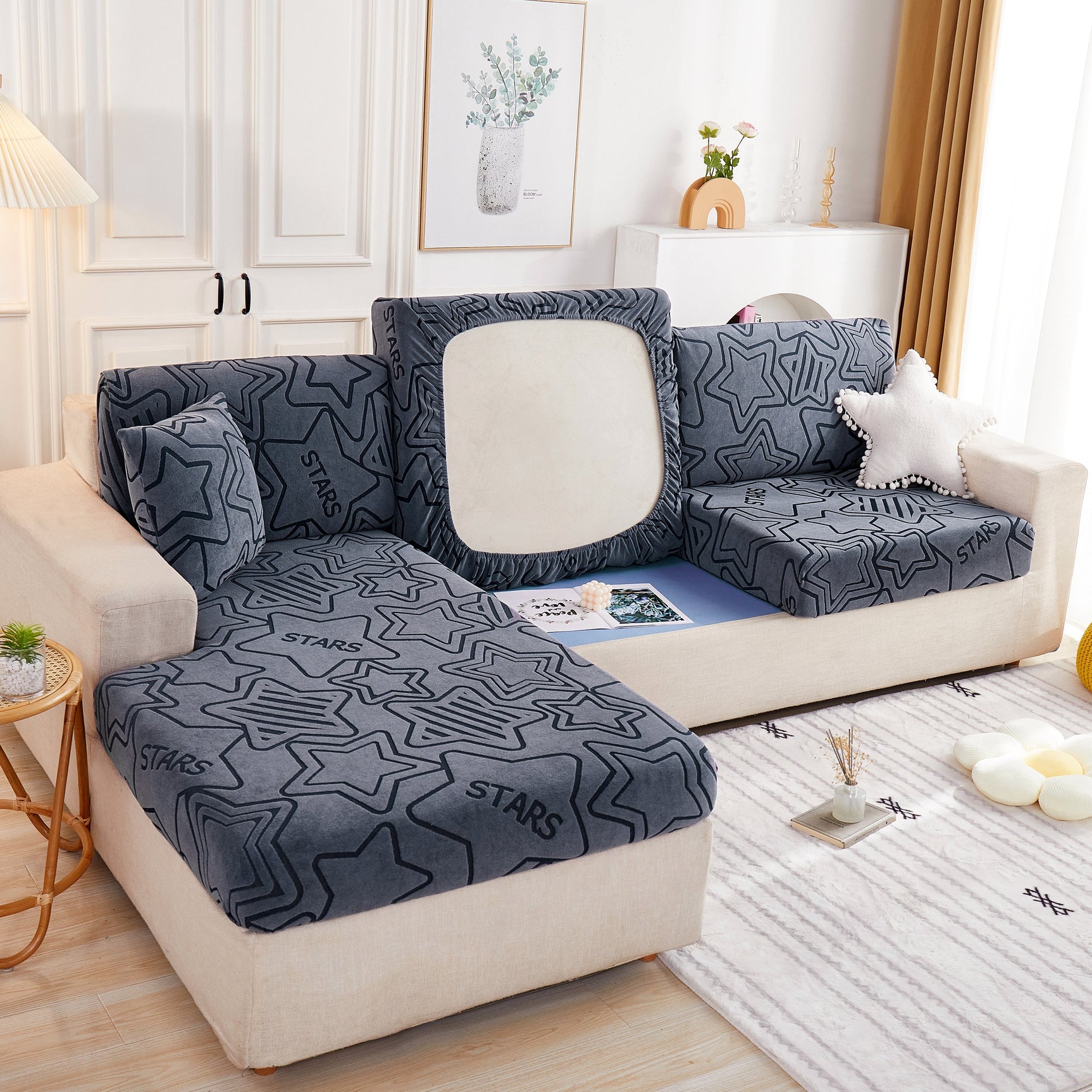 Starry Sky Jacquard Fleece Stretchable Non-Slip Cushion Covers Furniture Covers for L-Shaped Couch - Ornate Home