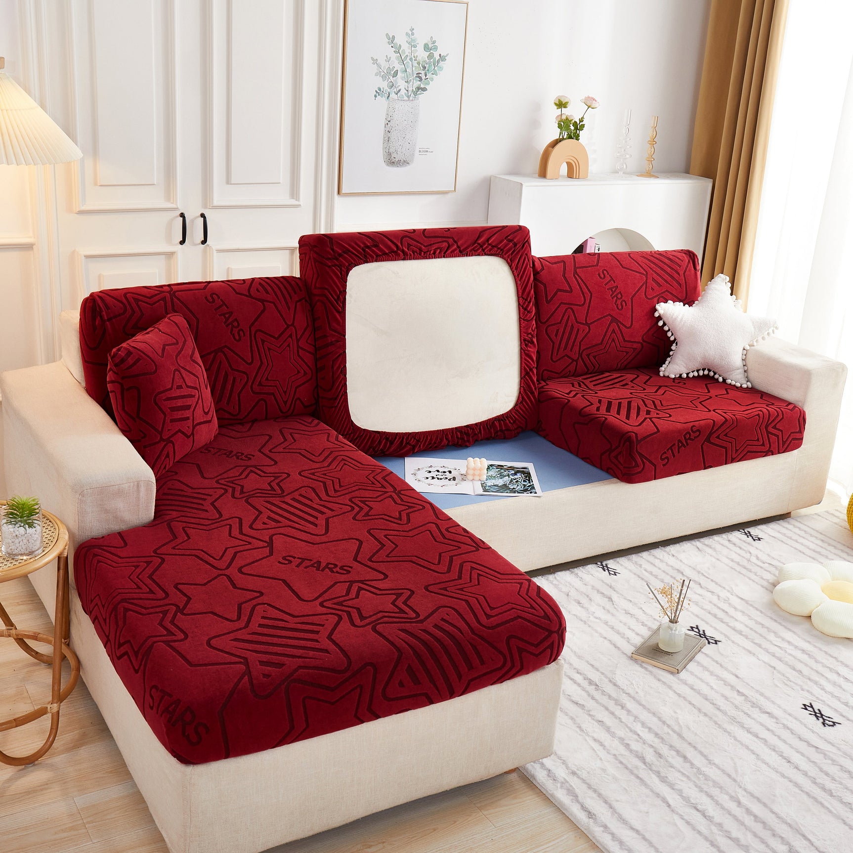 Starry Sky Jacquard Fleece Stretchable Non-Slip Cushion Covers Furniture Covers for L-Shaped Couch - Ornate Home