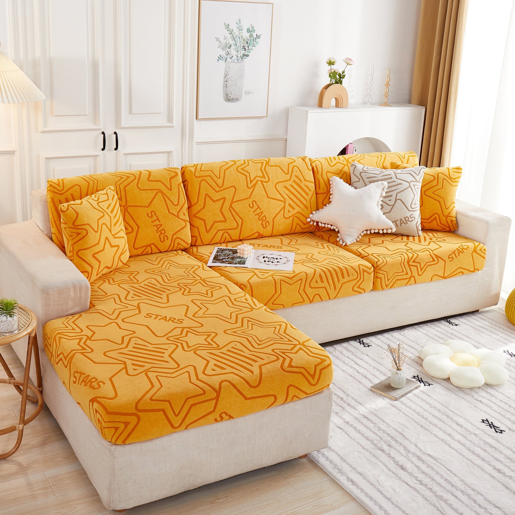 Starry Sky Jacquard Fleece Stretchable Non-Slip Cushion Covers Furniture Covers for L-Shaped Couch - Ornate Home