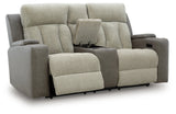 Stately Check Sisal-Dual Power Reclining Loveseat with Console - Ornate Home