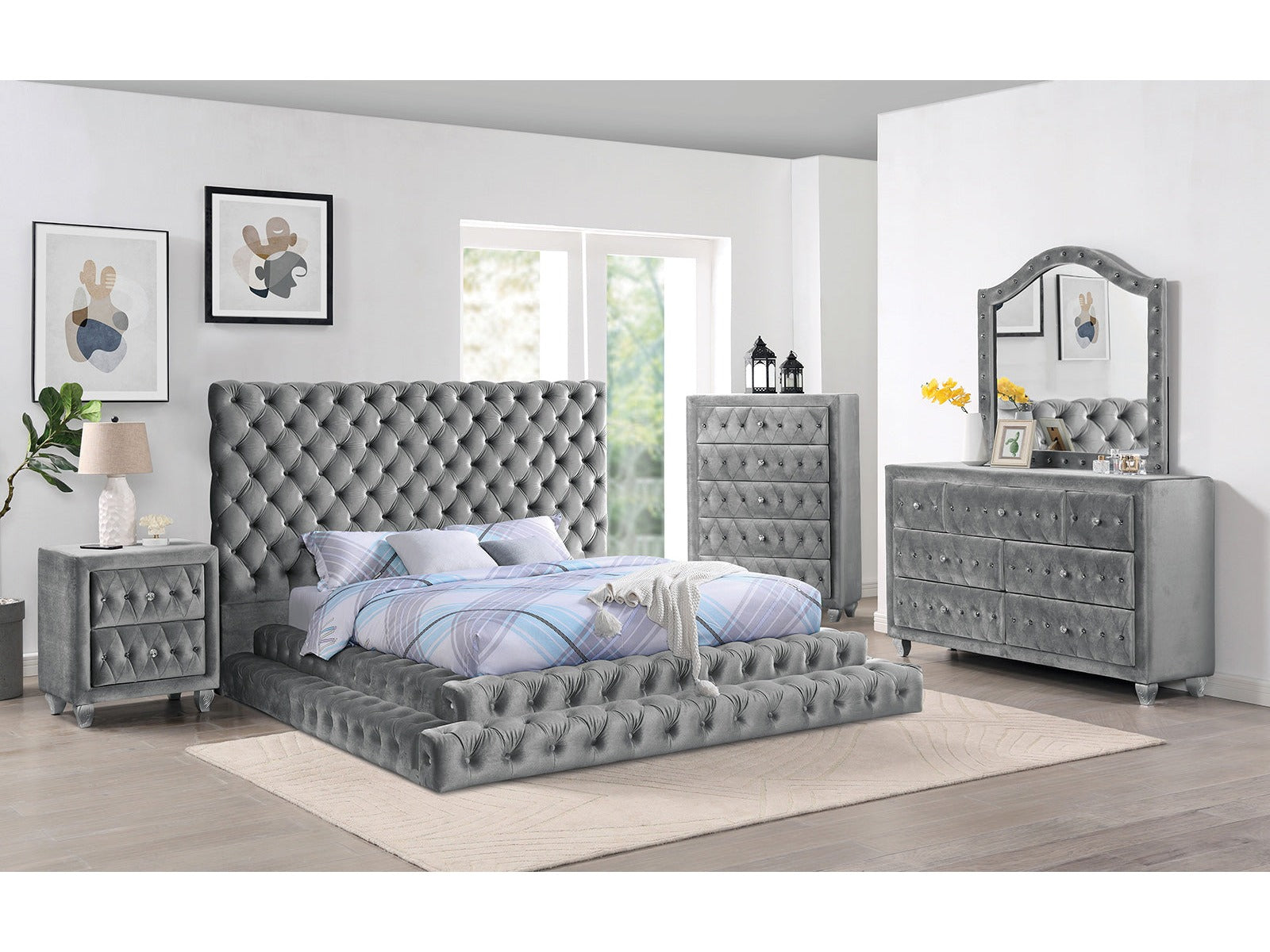 Stefania Gray 5 Pc. Queen Bedroom Set w/ Chest - Ornate Home