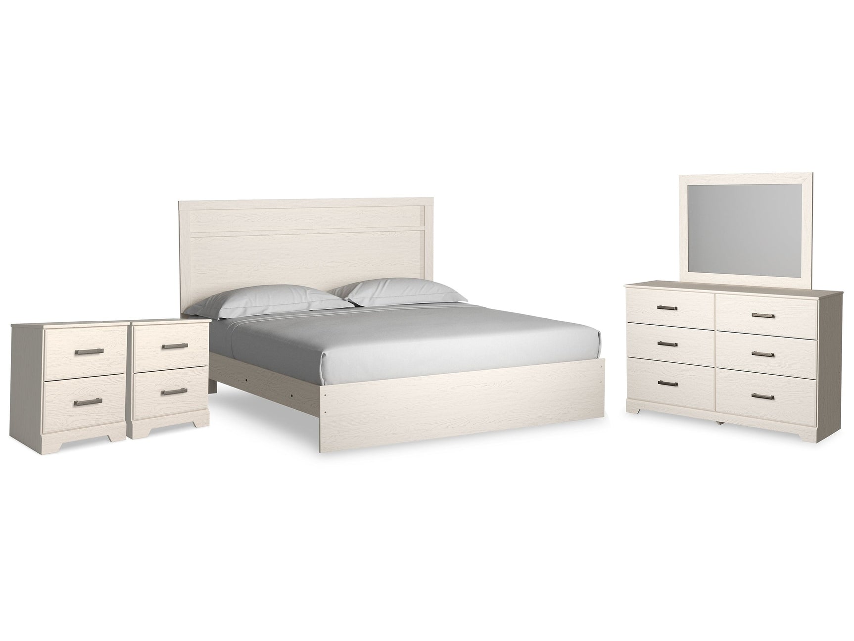 Stelsie White King Panel Bedroom Set with Dresser, Mirror and 2 Nightstand - Ornate Home