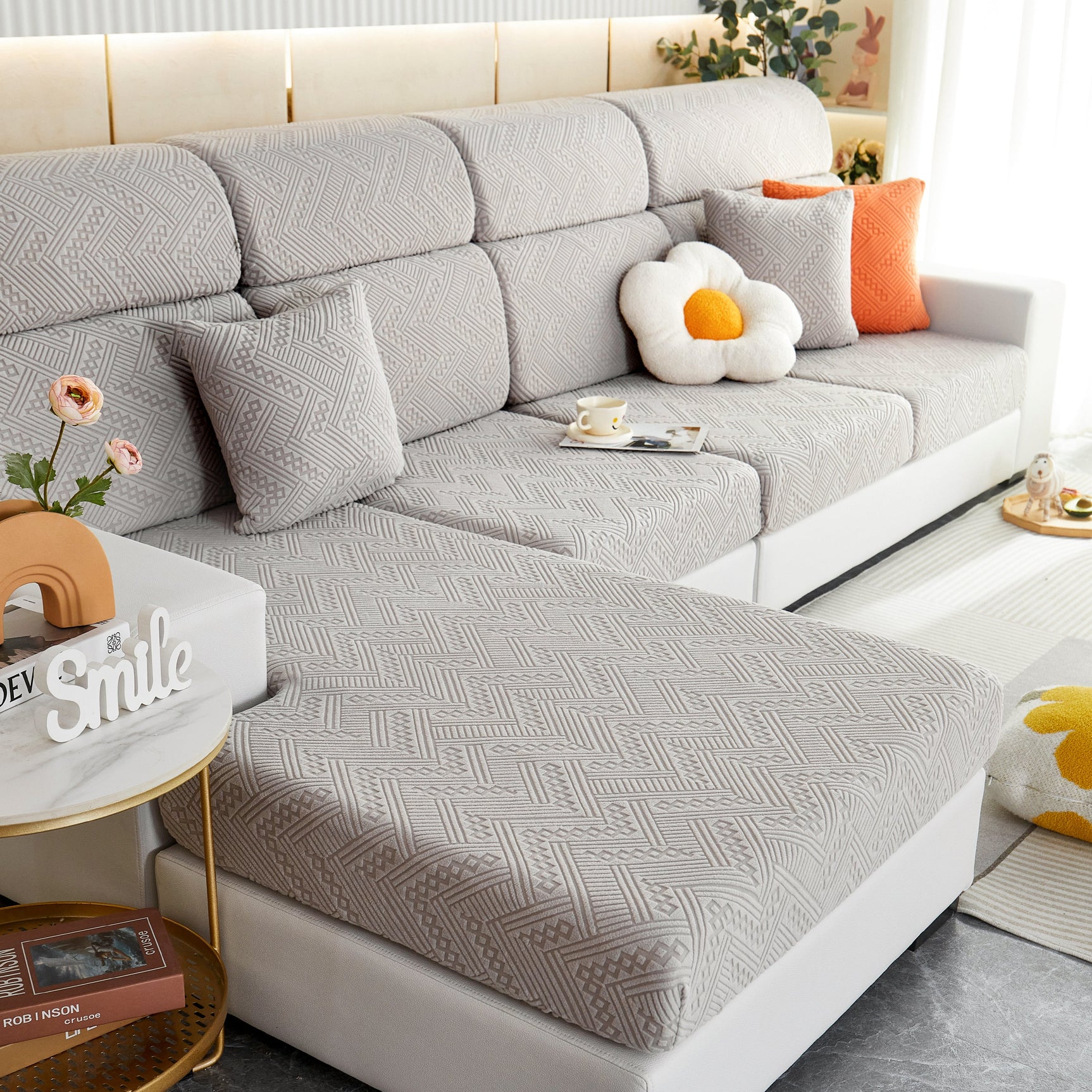 Stretch Jacquard Fleece Settee Cushion Covers, Stylish Non Slip Couch Cushion Covers for Sectional Sofas - Ornate Home