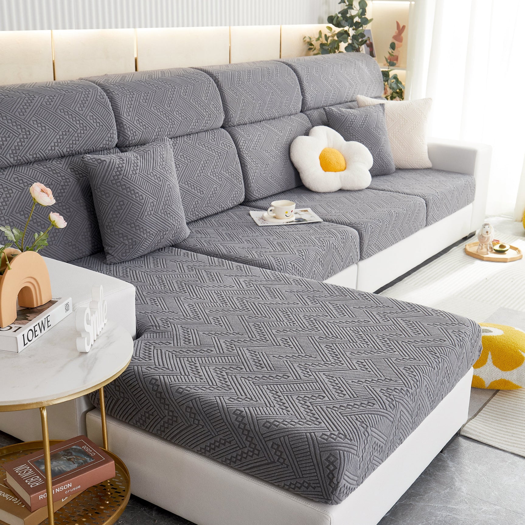 Stretch Jacquard Fleece Settee Cushion Covers, Stylish Non Slip Couch Cushion Covers for Sectional Sofas - Ornate Home