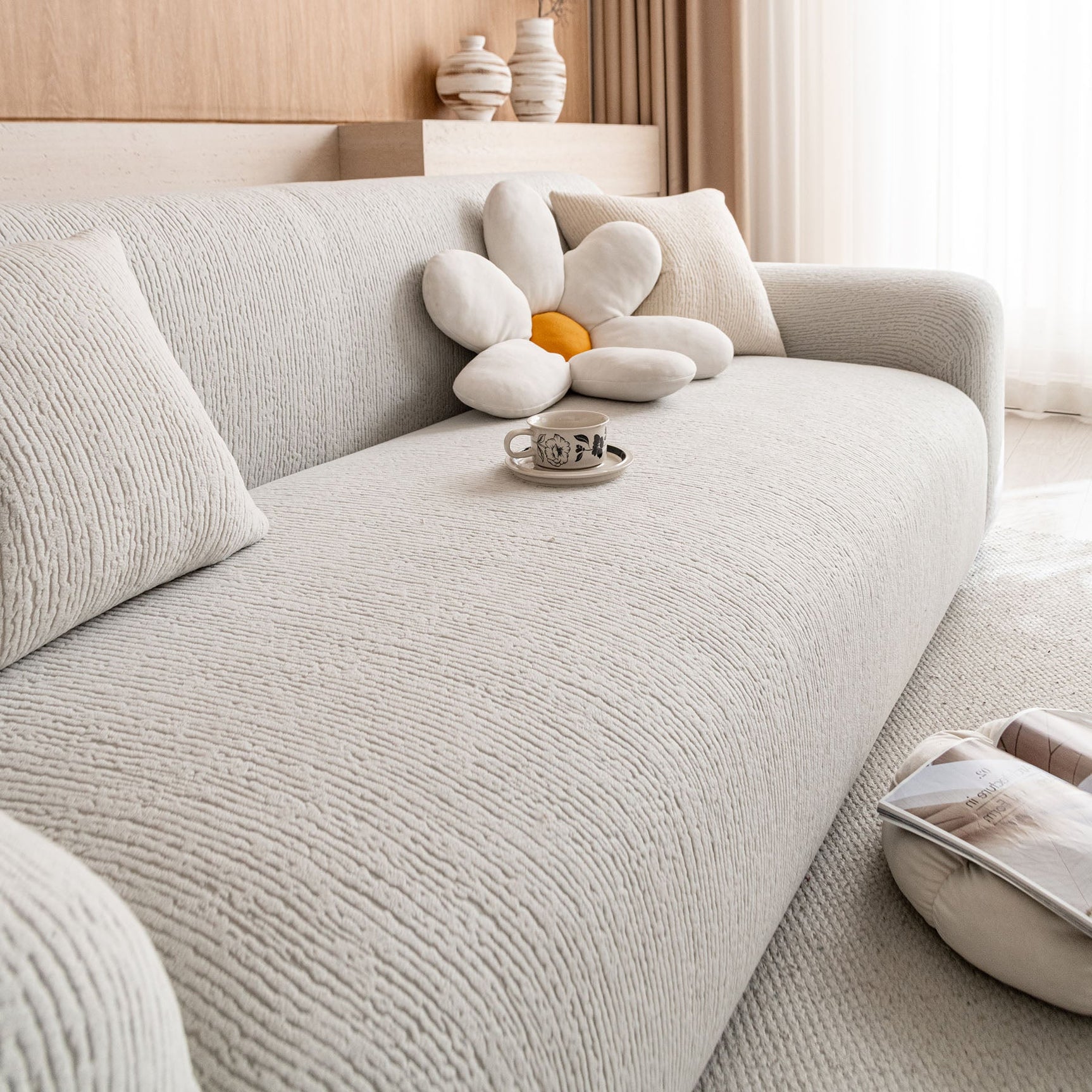 Stretch Textured Vertical Stripe Couch Slipcover, Soft Jacquard Elastic Sofa Cover - Ornate Home