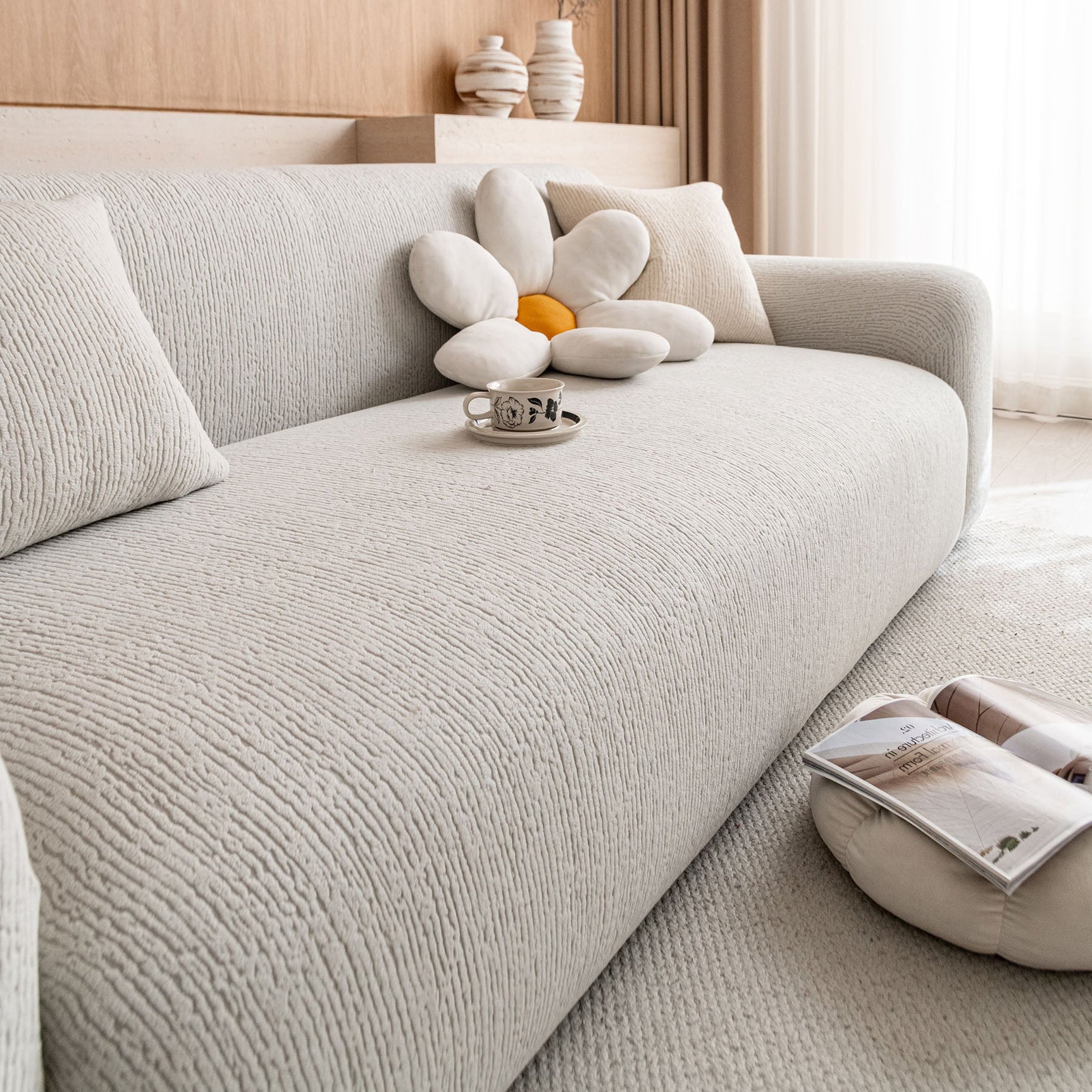 Stretch Textured Vertical Stripe Couch Slipcover, Soft Jacquard Elastic Sofa Cover - Ornate Home