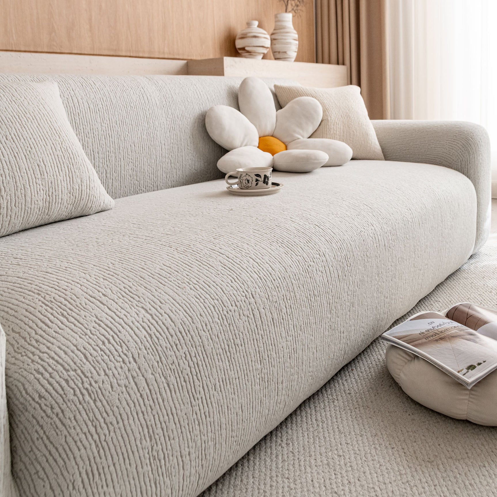 Stretch Textured Vertical Stripe Couch Slipcover, Soft Jacquard Elastic Sofa Cover - Ornate Home