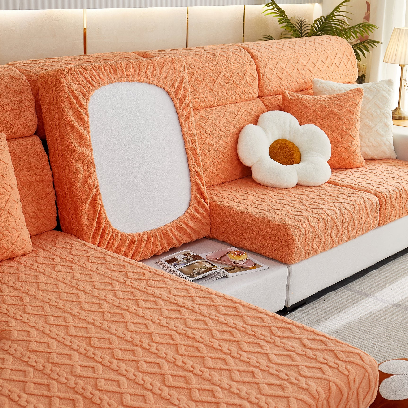 Stretchable Cotton Velvet Non-Slip Furniture Covers Couch Cushion Covers for L-Shaped Sofa, Pets - Ornate Home