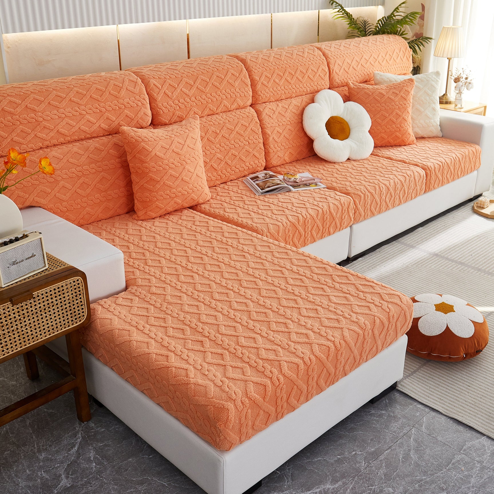 Stretchable Cotton Velvet Non-Slip Furniture Covers Couch Cushion Covers for L-Shaped Sofa, Pets - Ornate Home