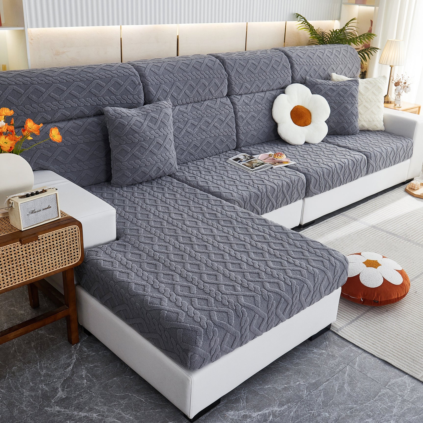Stretchable Cotton Velvet Non-Slip Furniture Covers Couch Cushion Covers for L-Shaped Sofa, Pets - Ornate Home