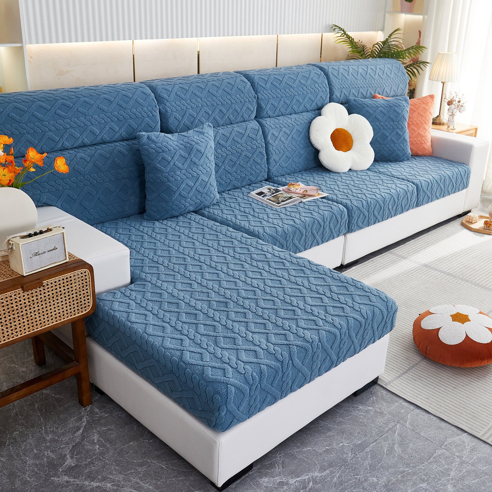 Stretchable Cotton Velvet Non-Slip Furniture Covers Couch Cushion Covers for L-Shaped Sofa, Pets - Ornate Home
