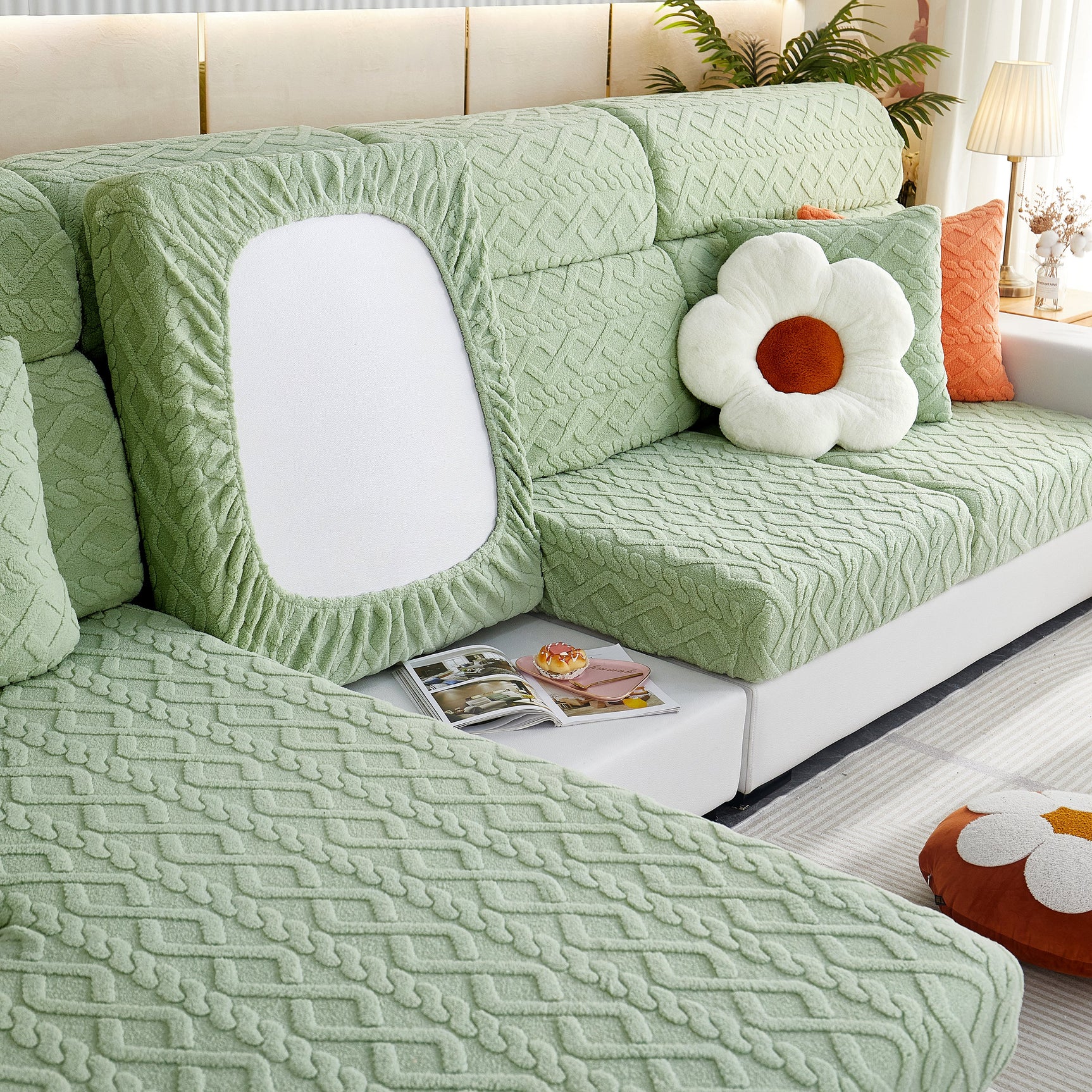 Stretchable Cotton Velvet Non-Slip Furniture Covers Couch Cushion Covers for L-Shaped Sofa, Pets - Ornate Home