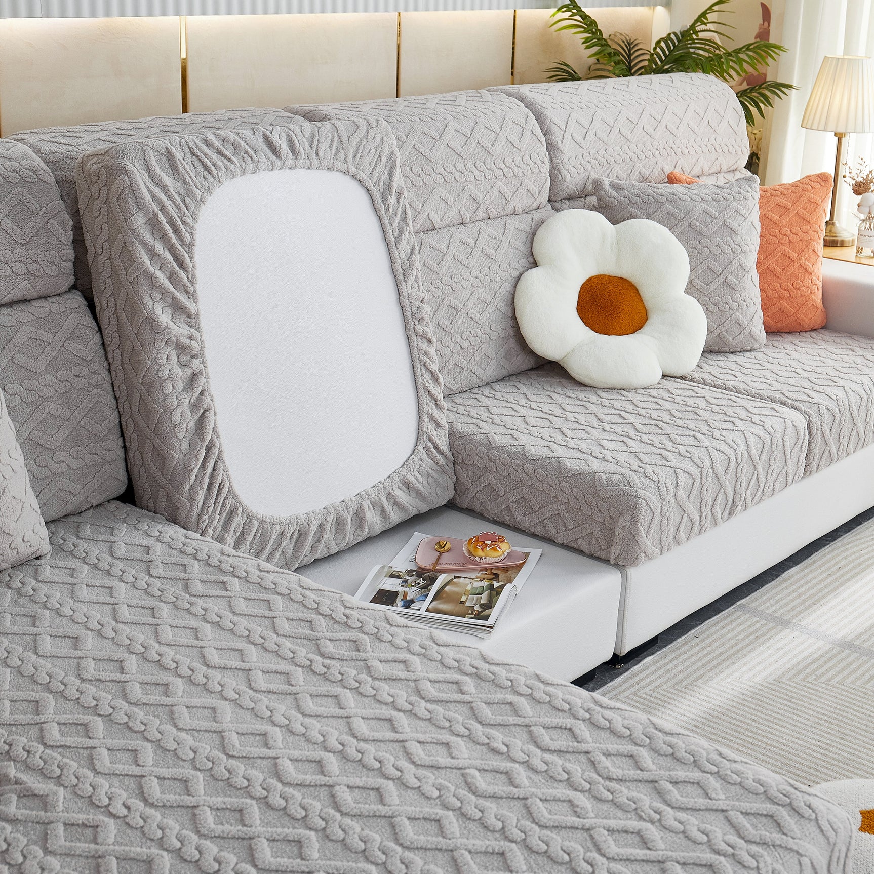 Stretchable Cotton Velvet Non-Slip Furniture Covers Couch Cushion Covers for L-Shaped Sofa, Pets - Ornate Home