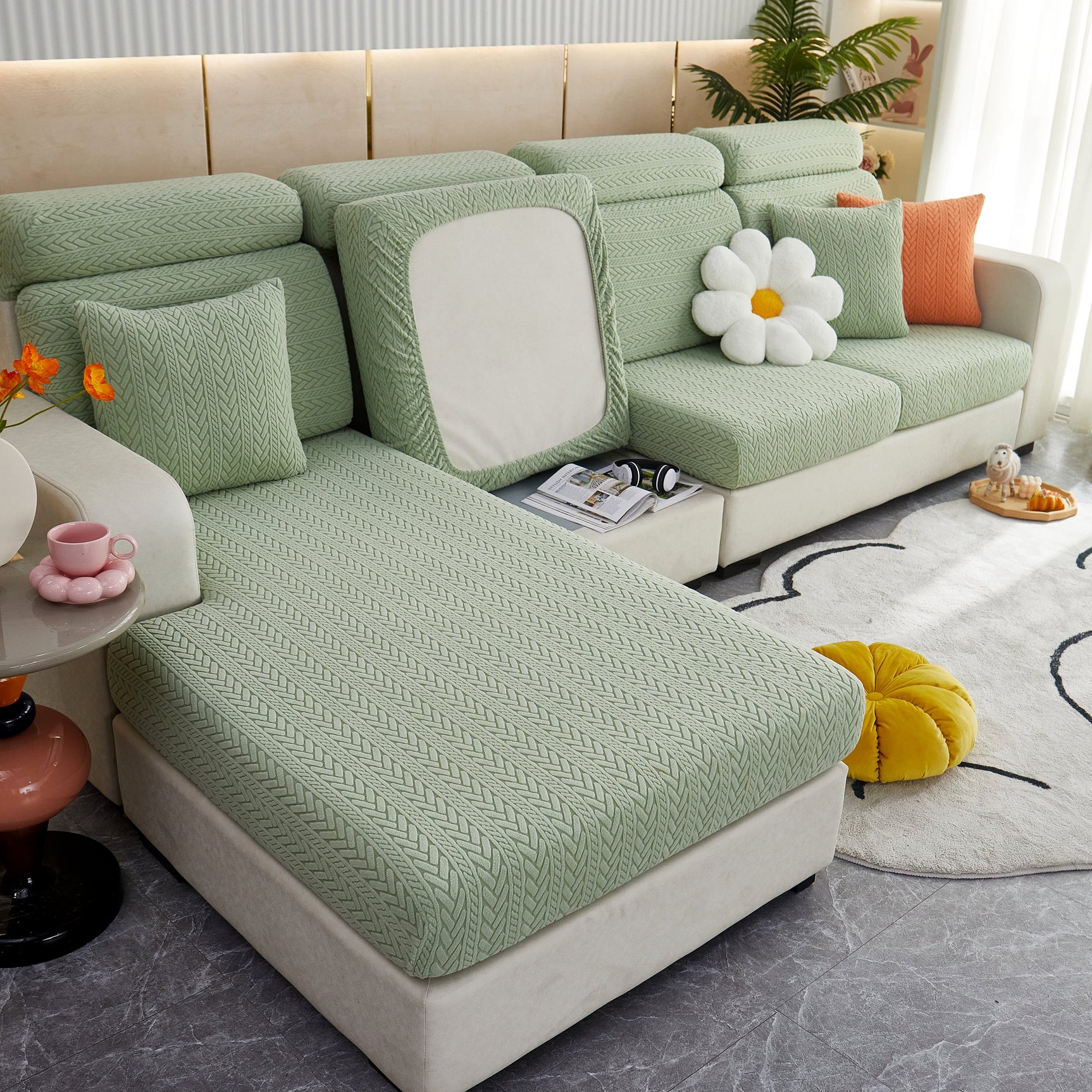Stretchable Jacquard Polar Fleece Sofa Cover Non-Slip Furniture Protector for Pets L-Shaped Couch Slipcovers - Ornate Home