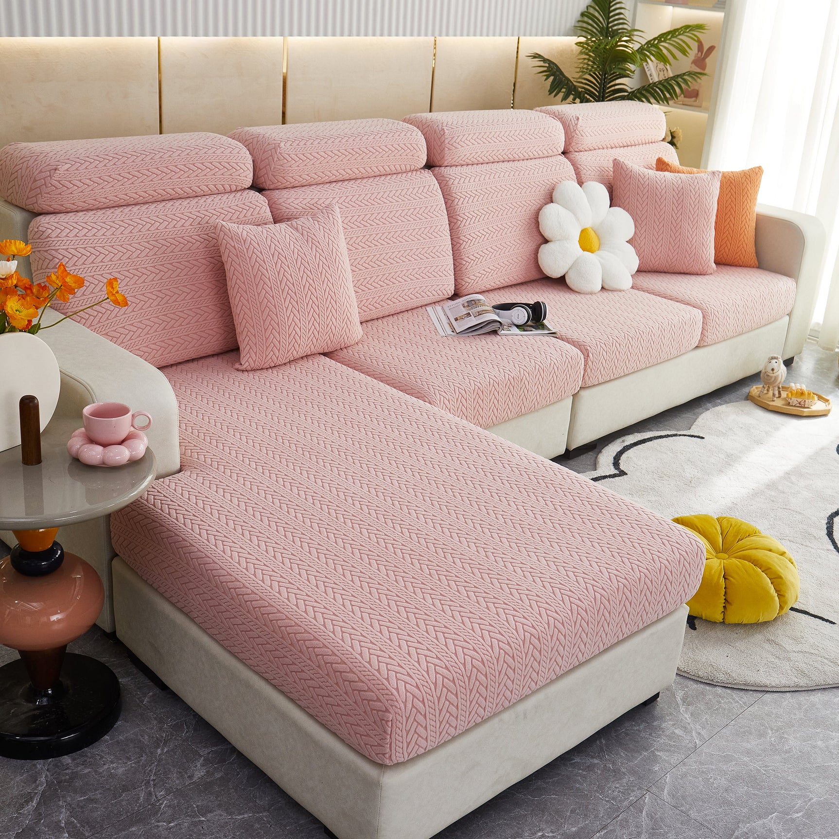 Stretchable Jacquard Polar Fleece Sofa Cover Non-Slip Furniture Protector for Pets L-Shaped Couch Slipcovers - Ornate Home