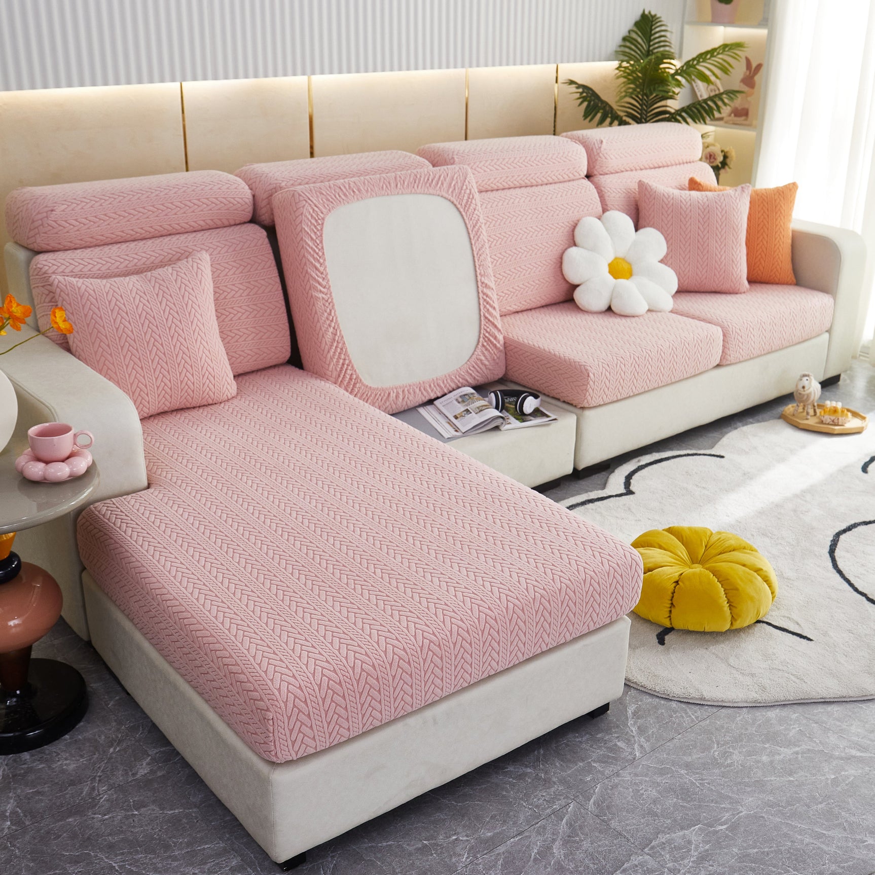 Stretchable Jacquard Polar Fleece Sofa Cover Non-Slip Furniture Protector for Pets L-Shaped Couch Slipcovers - Ornate Home