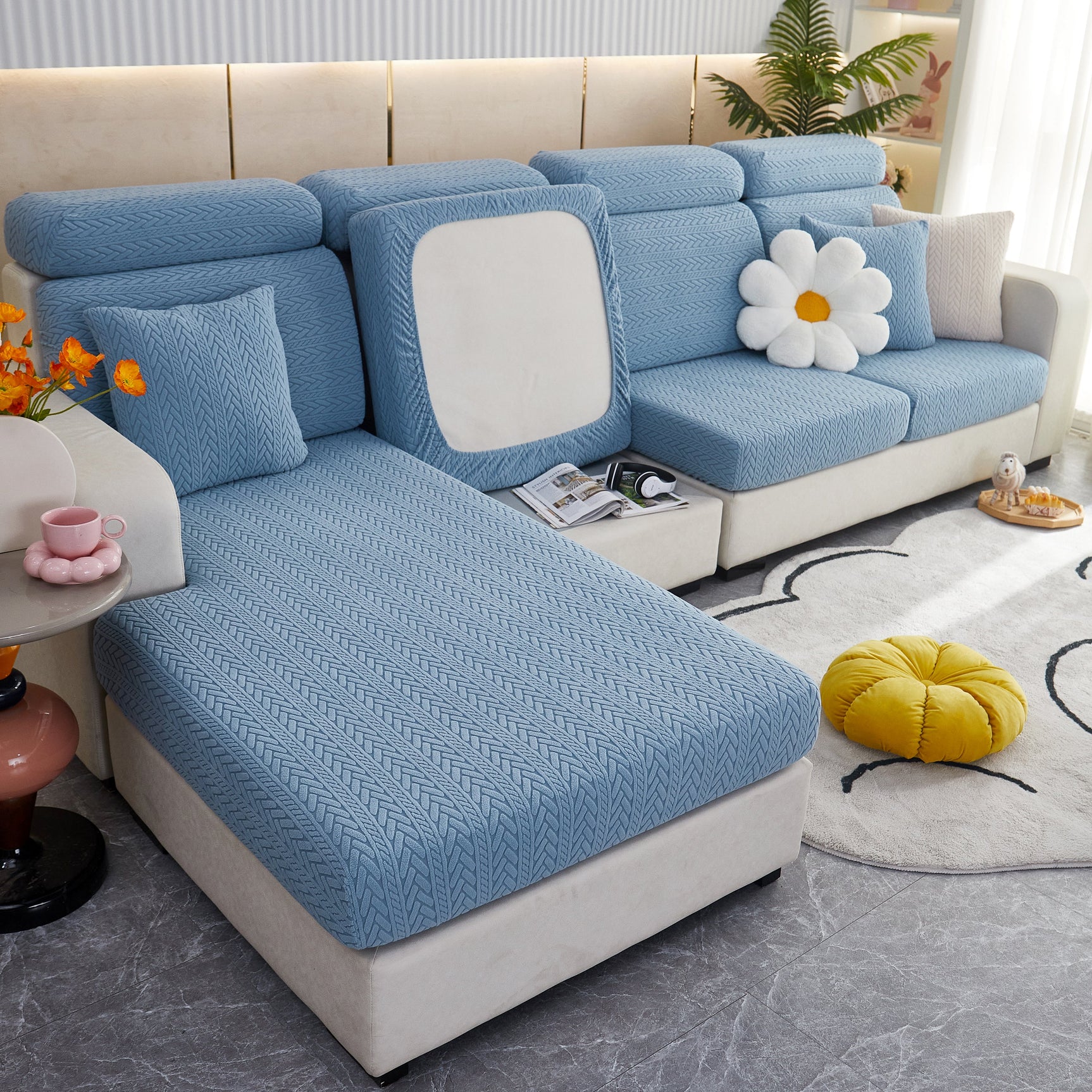Stretchable Jacquard Polar Fleece Sofa Cover Non-Slip Furniture Protector for Pets L-Shaped Couch Slipcovers - Ornate Home