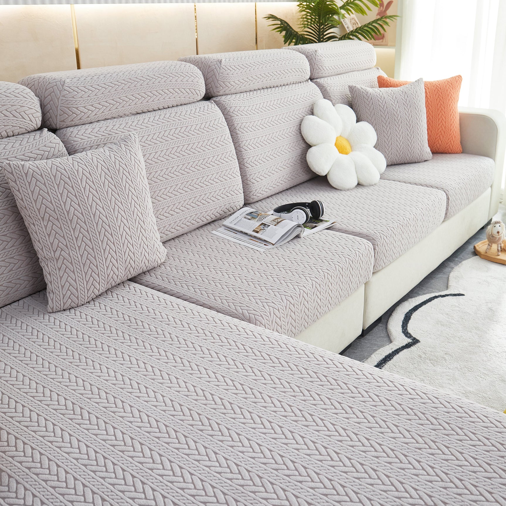 Stretchable Jacquard Polar Fleece Sofa Cover Non-Slip Furniture Protector for Pets L-Shaped Couch Slipcovers - Ornate Home