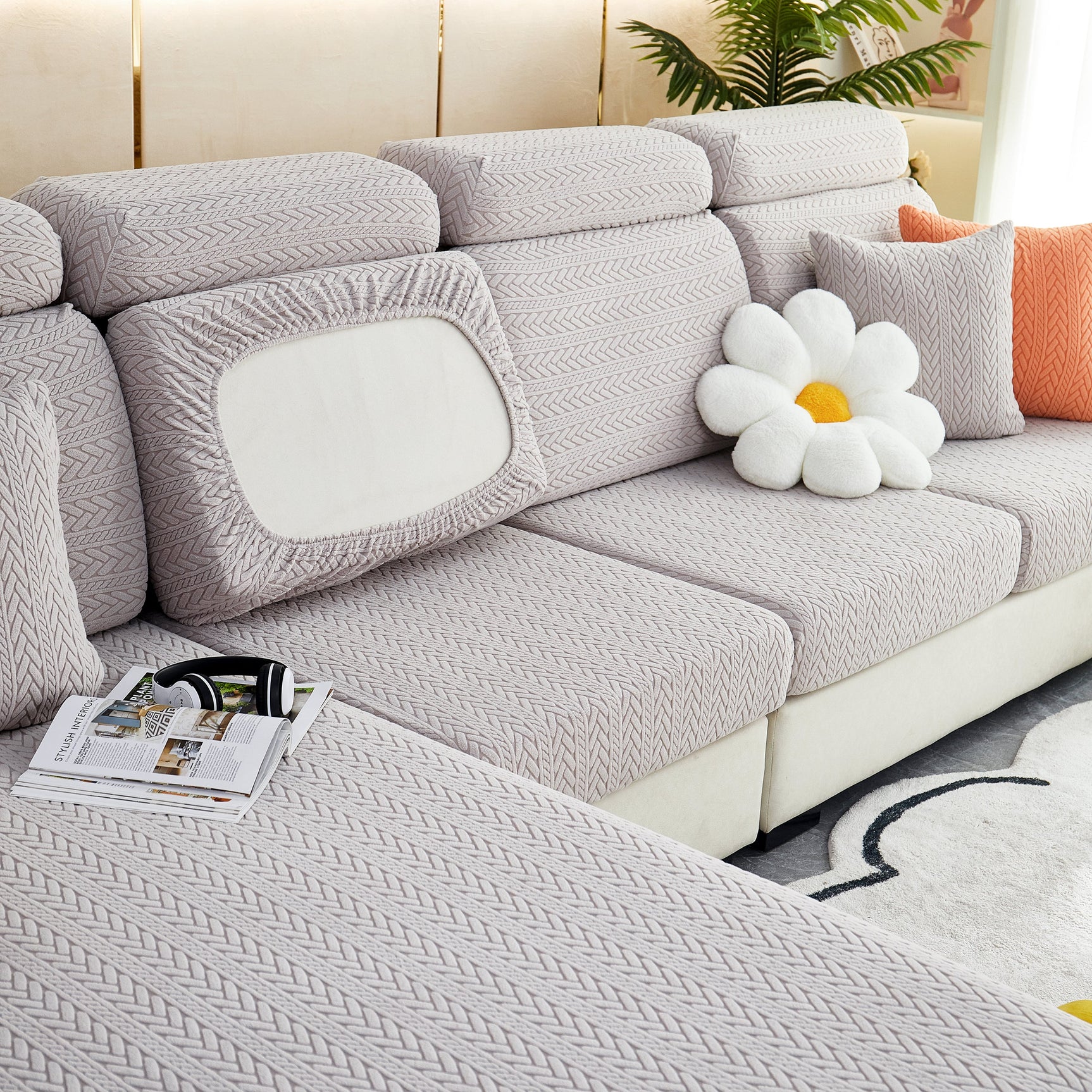 Stretchable Jacquard Polar Fleece Sofa Cover Non-Slip Furniture Protector for Pets L-Shaped Couch Slipcovers - Ornate Home