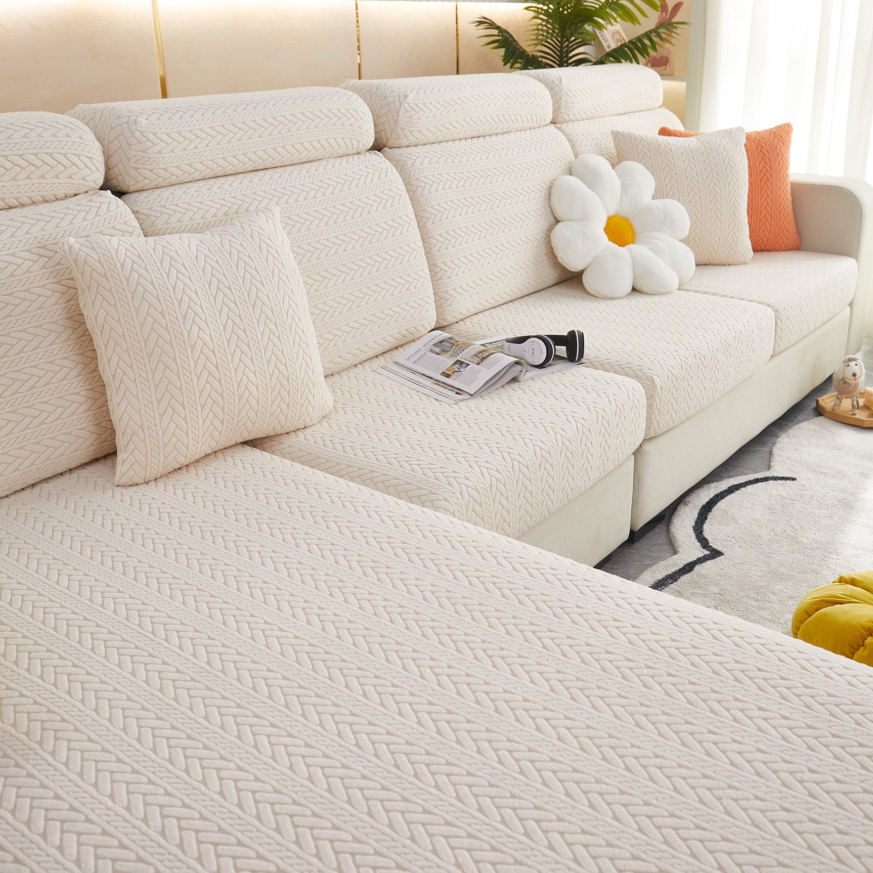Stretchable Jacquard Polar Fleece Sofa Cover Non-Slip Furniture Protector for Pets L-Shaped Couch Slipcovers - Ornate Home