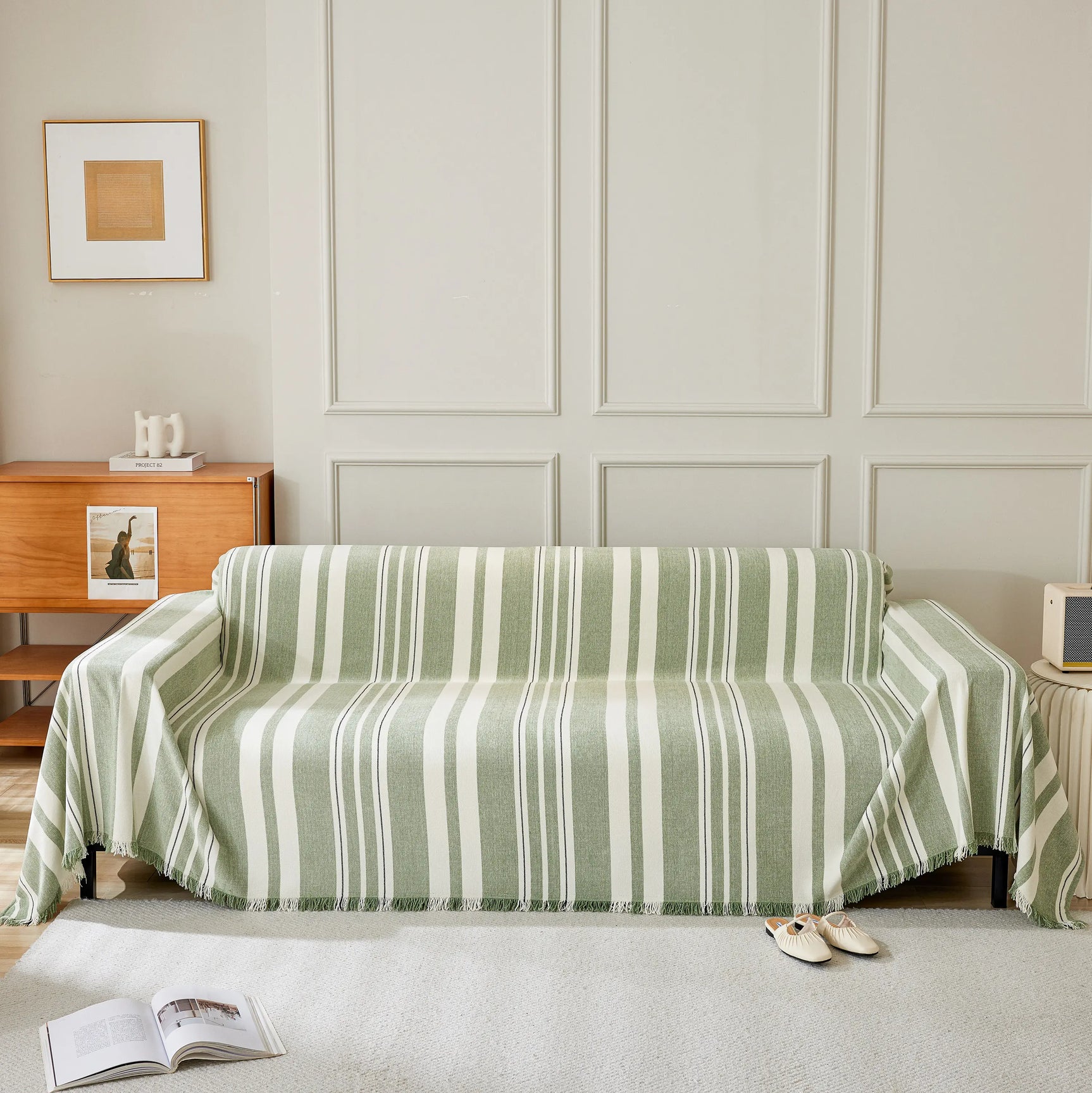 Striped Chenille Sofa Slipcover Throw, Soft Thick Washable Couch Cover Blanket - Ornate Home