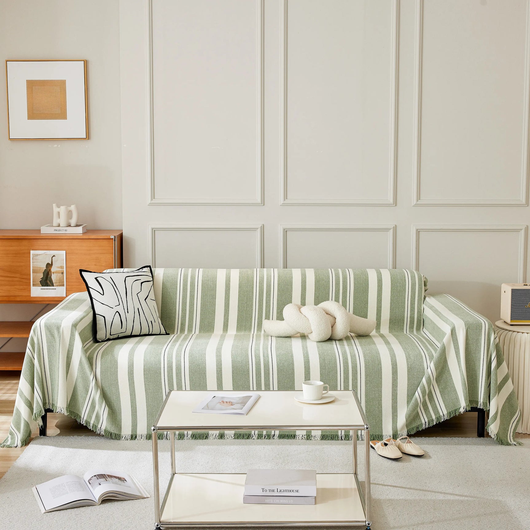 Striped Chenille Sofa Slipcover Throw, Soft Thick Washable Couch Cover Blanket - Ornate Home