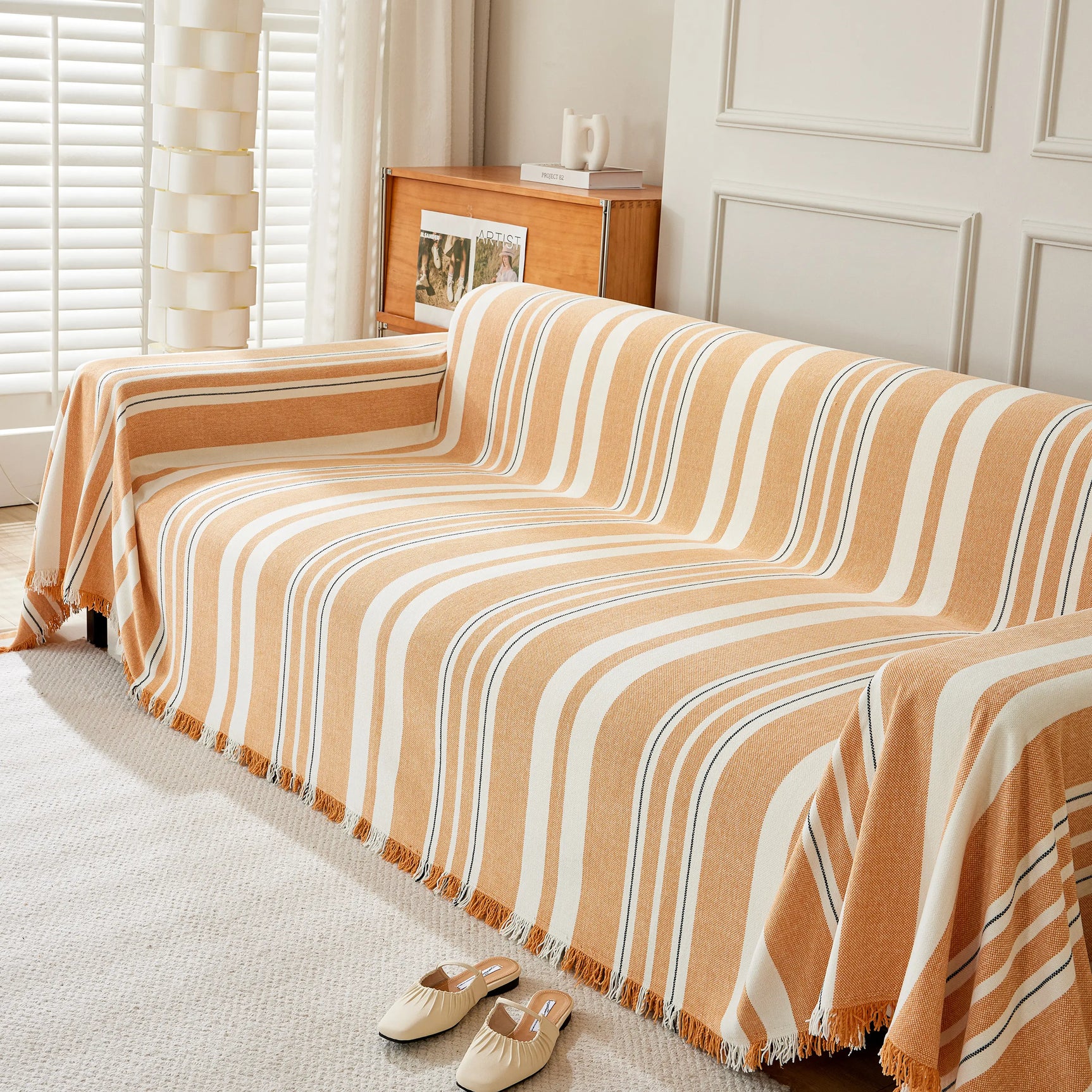 Striped Chenille Sofa Slipcover Throw, Soft Thick Washable Couch Cover Blanket - Ornate Home