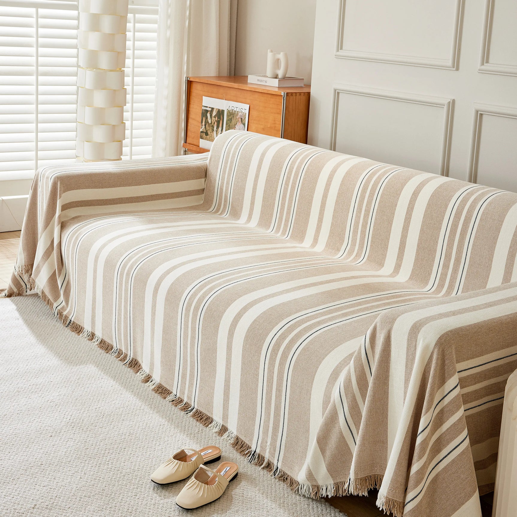 Striped Chenille Sofa Slipcover Throw, Soft Thick Washable Couch Cover Blanket - Ornate Home