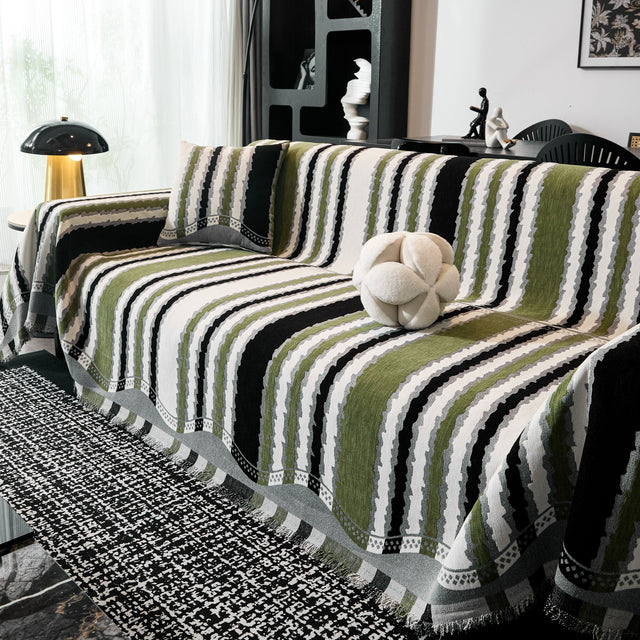 Striped Chenille Sofa Throw Covers, Boho Style Cozy Couch Protector Blanket - Ornate Home