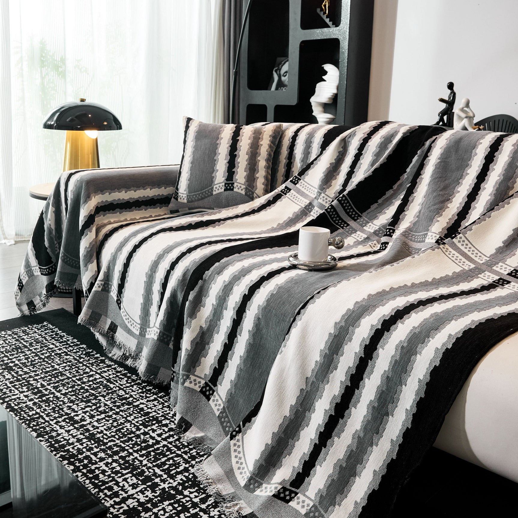 Striped Chenille Sofa Throw Covers, Boho Style Cozy Couch Protector Blanket - Ornate Home