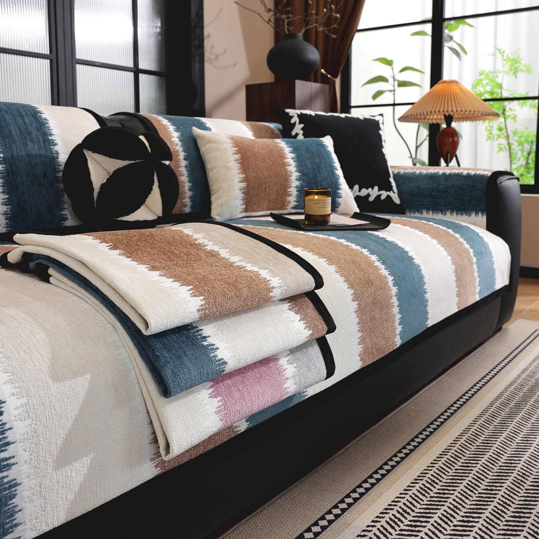 Striped Colorblock Non-Slip Sectional Couch Covers, Chenille Sofa Protector Cover - Ornate Home