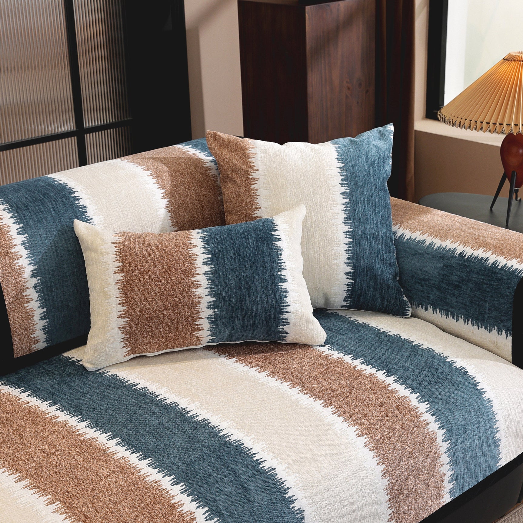 Striped Colorblock Non-Slip Sectional Couch Covers, Chenille Sofa Protector Cover - Ornate Home