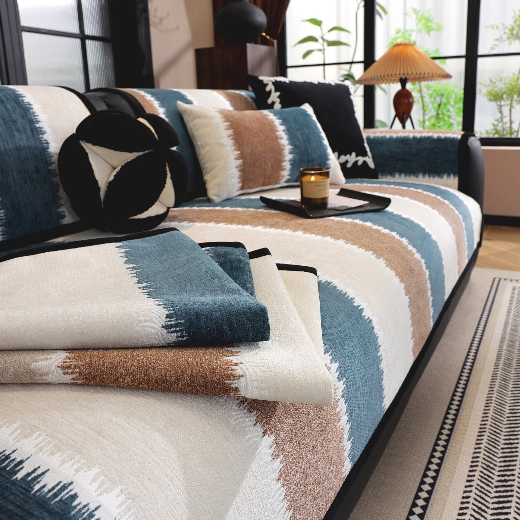 Striped Colorblock Non-Slip Sectional Couch Covers, Chenille Sofa Protector Cover - Ornate Home