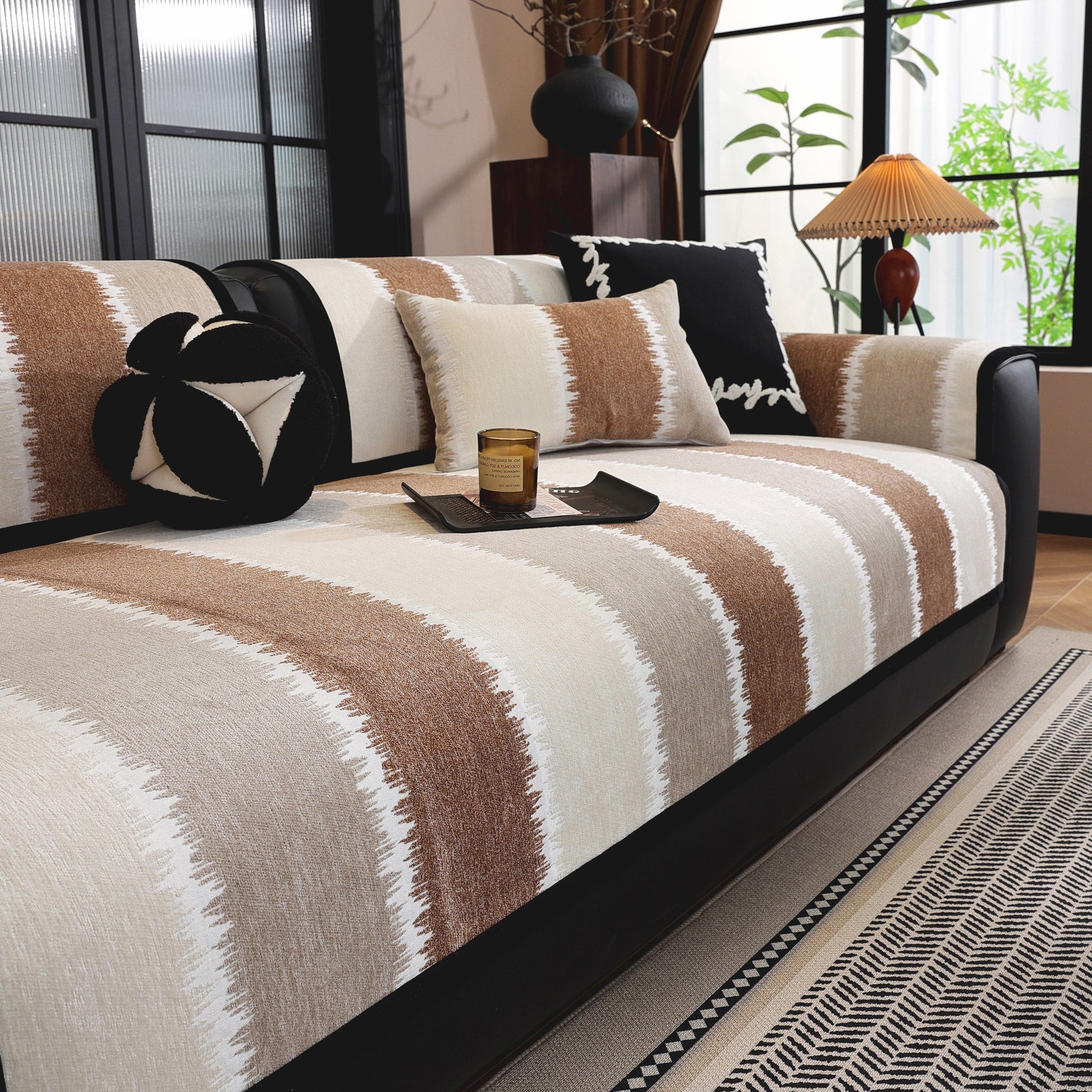 Striped Colorblock Non-Slip Sectional Couch Covers, Chenille Sofa Protector Cover - Ornate Home