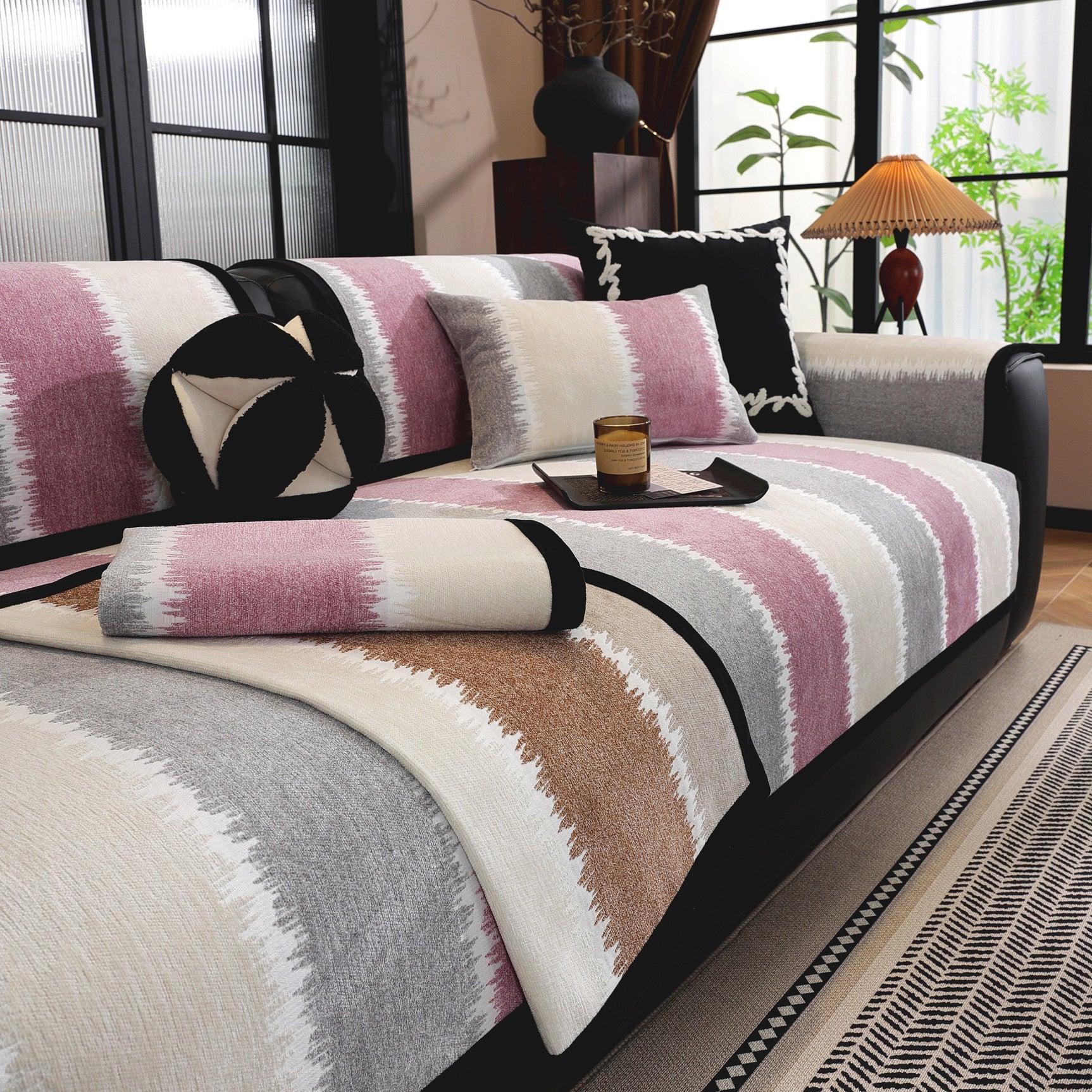 Striped Colorblock Non-Slip Sectional Couch Covers, Chenille Sofa Protector Cover - Ornate Home