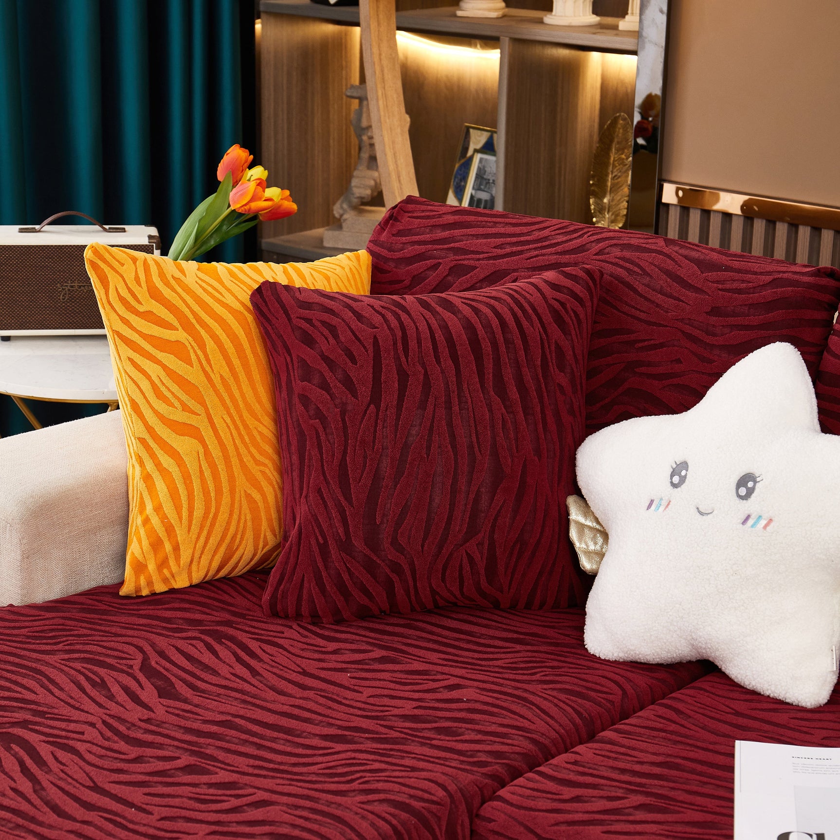 Striped Jacquard Fleece Furniture Covers Stretchable Non-Slip Cushion Covers for L-Shaped Couch, Pets - Ornate Home