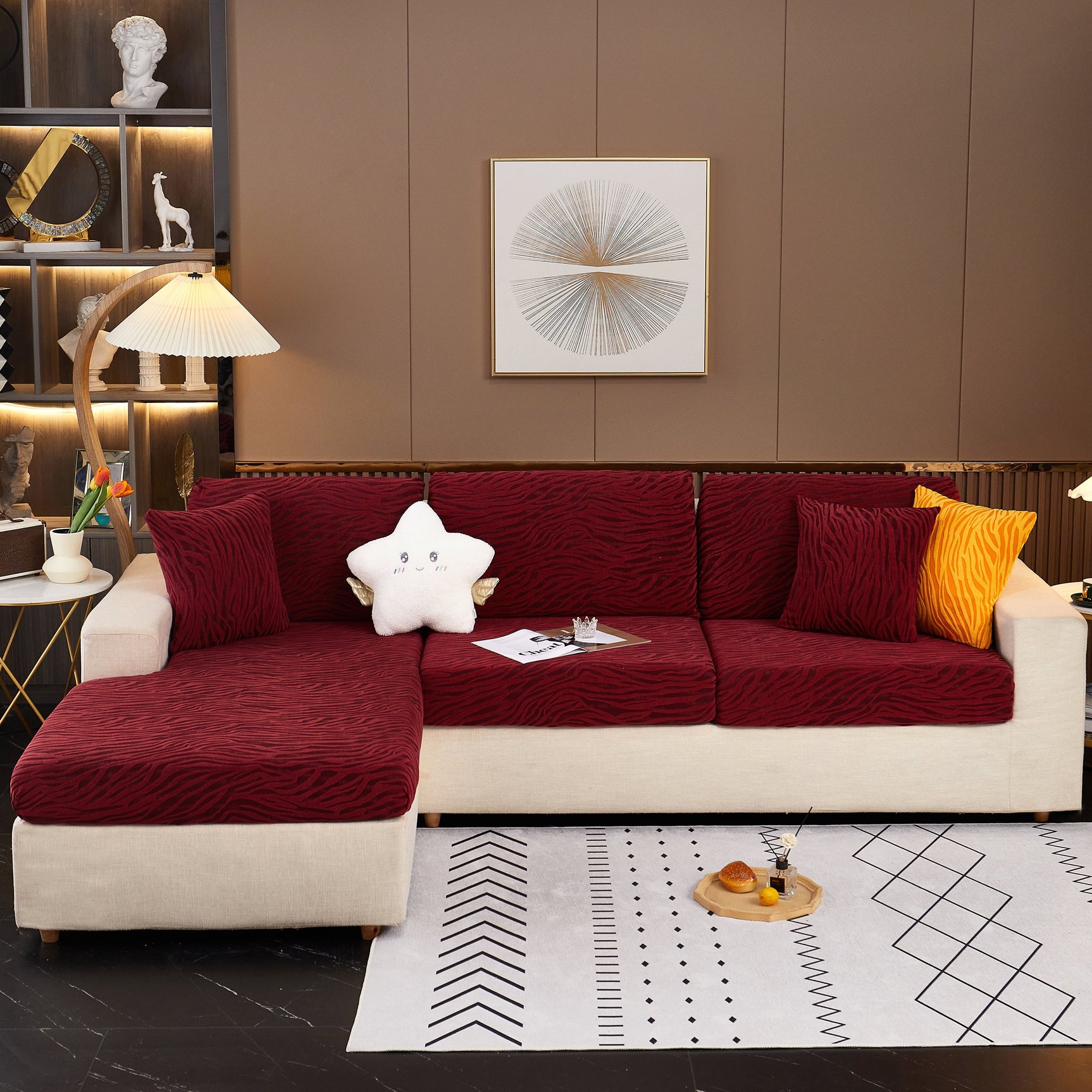 Striped Jacquard Fleece Furniture Covers Stretchable Non-Slip Cushion Covers for L-Shaped Couch, Pets - Ornate Home