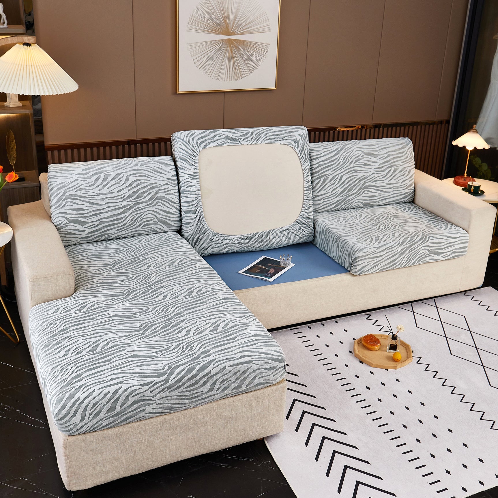 Striped Jacquard Fleece Furniture Covers Stretchable Non-Slip Cushion Covers for L-Shaped Couch, Pets - Ornate Home