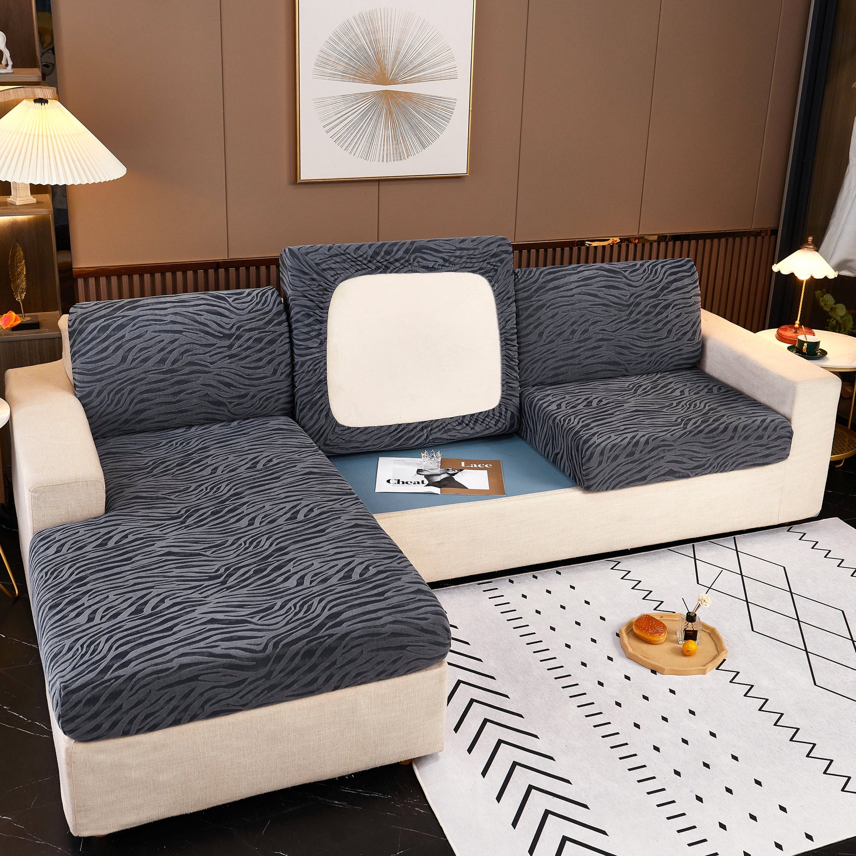Striped Jacquard Fleece Furniture Covers Stretchable Non-Slip Cushion Covers for L-Shaped Couch, Pets - Ornate Home