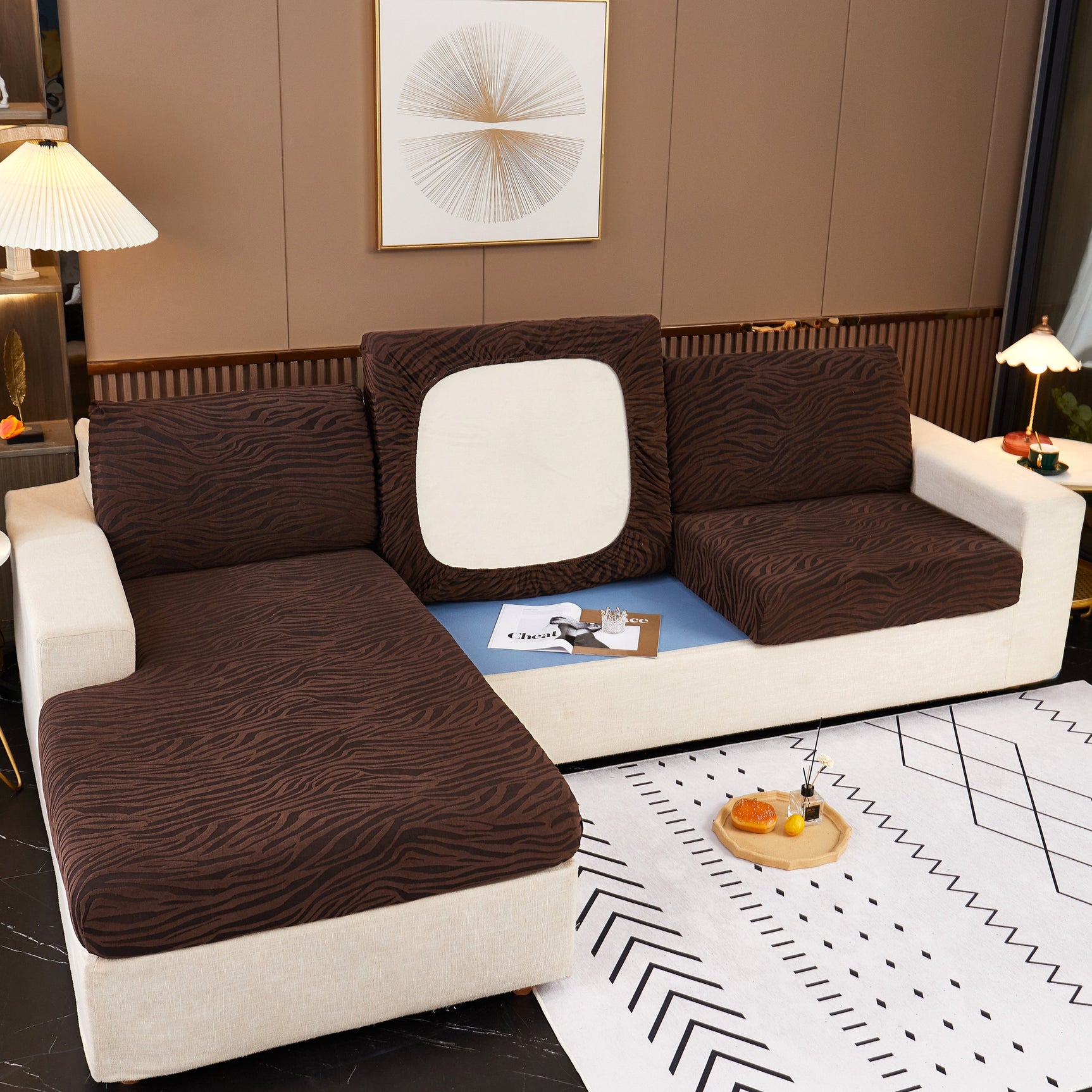 Striped Jacquard Fleece Furniture Covers Stretchable Non-Slip Cushion Covers for L-Shaped Couch, Pets - Ornate Home