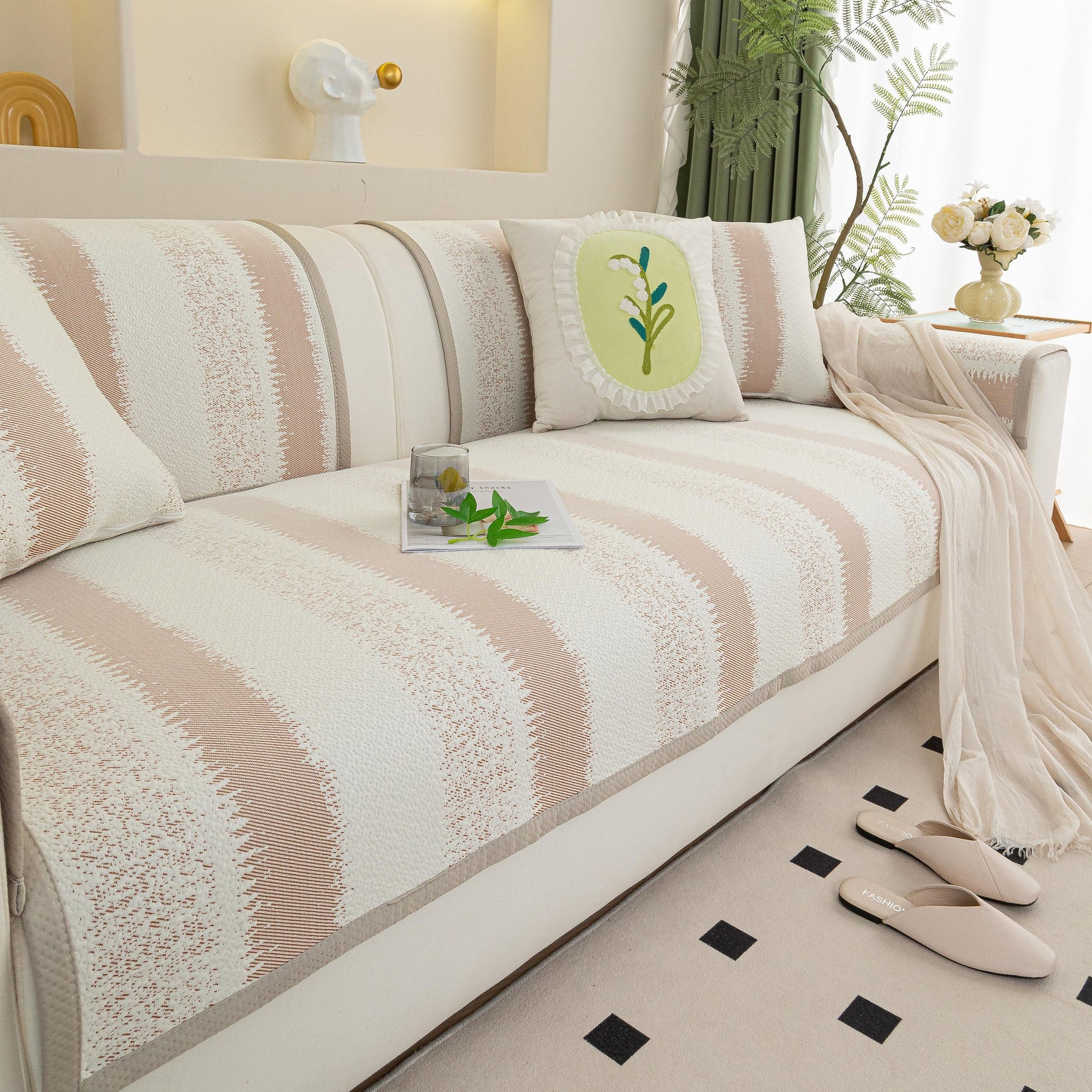 Striped Non-Slip Cooling Couch Cover, Summer Couch Pads for Seat Back Armrest - Ornate Home