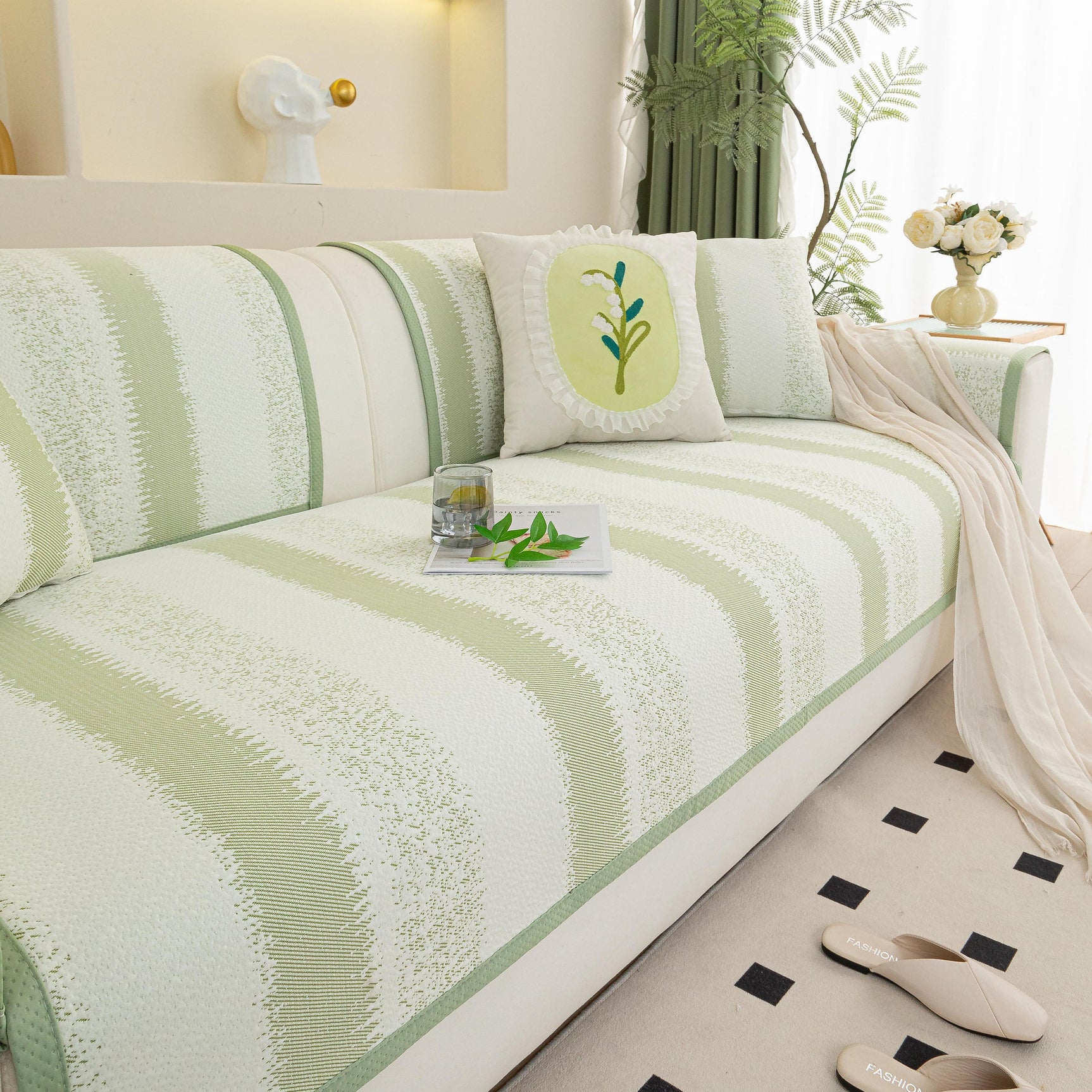 Striped Non-Slip Cooling Couch Cover, Summer Couch Pads for Seat Back Armrest - Ornate Home