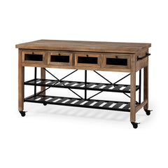 Stuart Brown/Black Solid Wood Top Two-Tier Metal Rolling Kitchen Island - Ornate Home