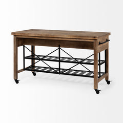 Stuart Brown/Black Solid Wood Top Two-Tier Metal Rolling Kitchen Island - Ornate Home