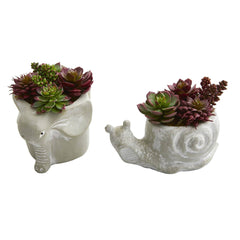 Succulent Artificial Plant in Elephant and Snail Planter (Set of 2) - Ornate Home
