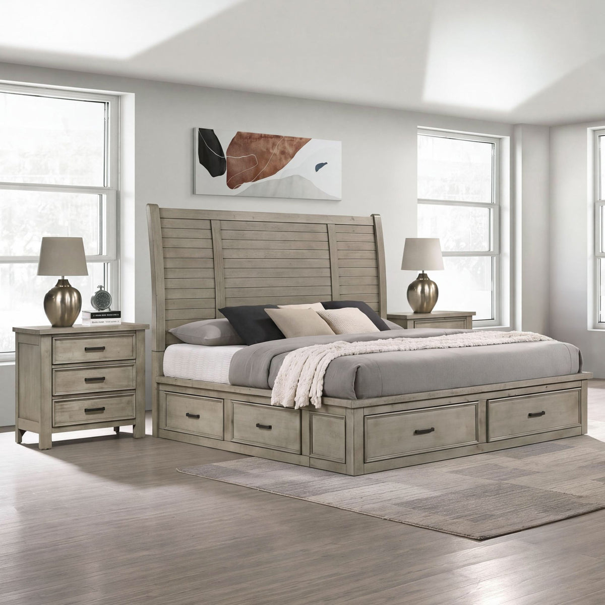 Sullivan Drift Grey 3-Piece King Storage Bedroom Set with 2 Nightstands - Ornate Home